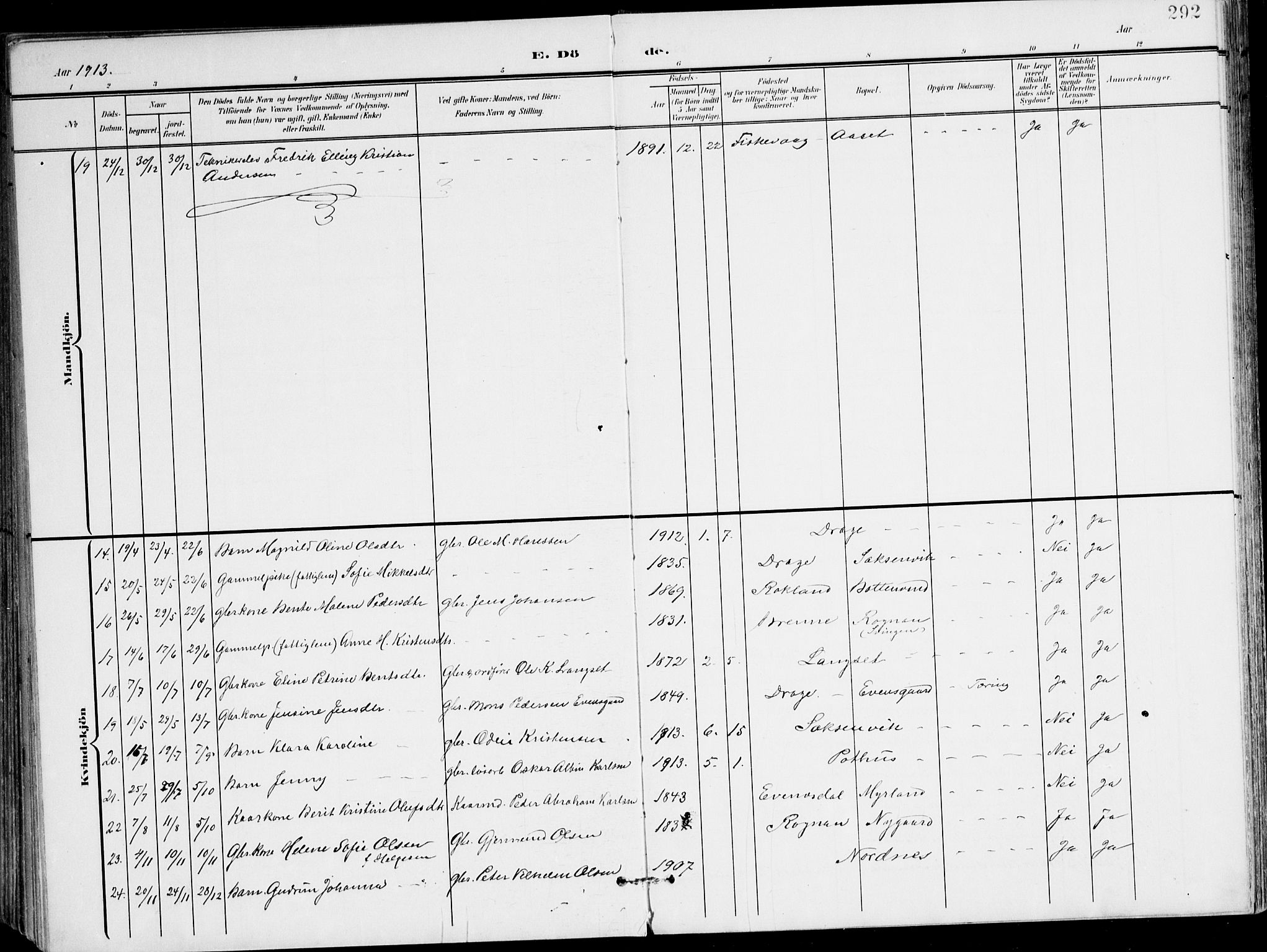 Ministerialprotokoller, klokkerbøker og fødselsregistre - Nordland, AV/SAT-A-1459/847/L0672: Parish register (official) no. 847A12, 1902-1919, p. 292