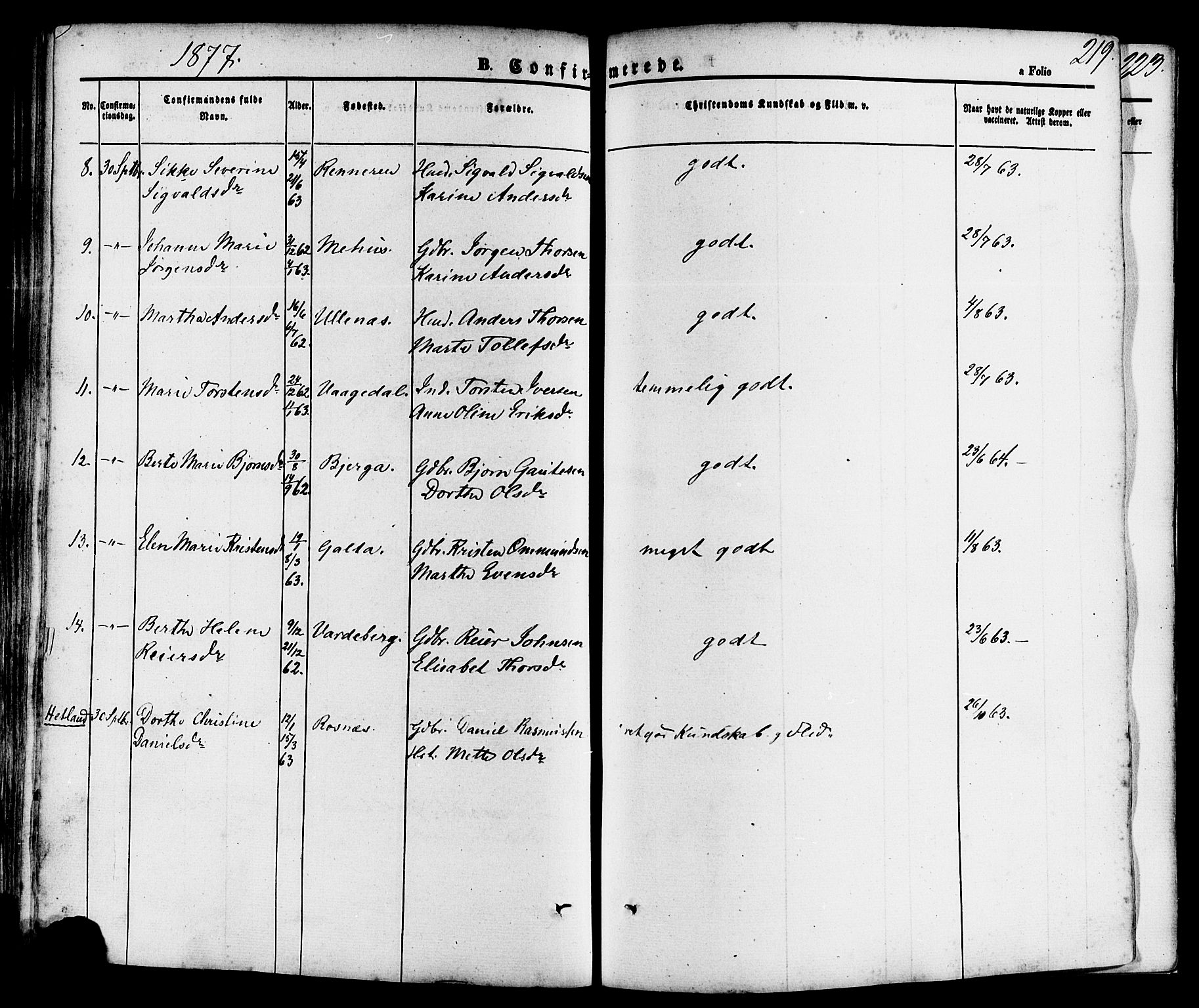 Rennesøy sokneprestkontor, AV/SAST-A -101827/H/Ha/Haa/L0006: Parish register (official) no. A 6, 1860-1878, p. 219