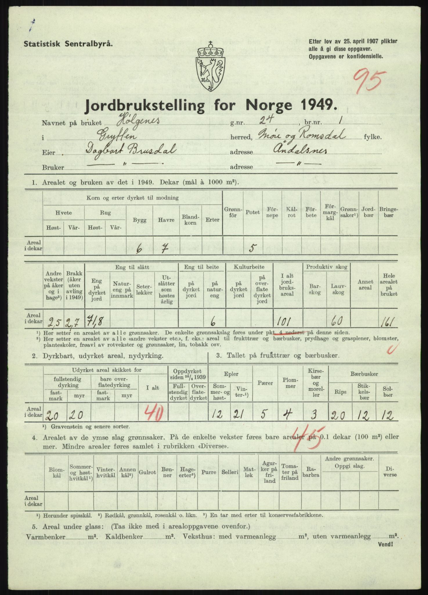 Statistisk sentralbyrå, Næringsøkonomiske emner, Jordbruk, skogbruk, jakt, fiske og fangst, AV/RA-S-2234/G/Gc/L0323: Møre og Romsdal: Grytten og Hen, 1949, p. 357