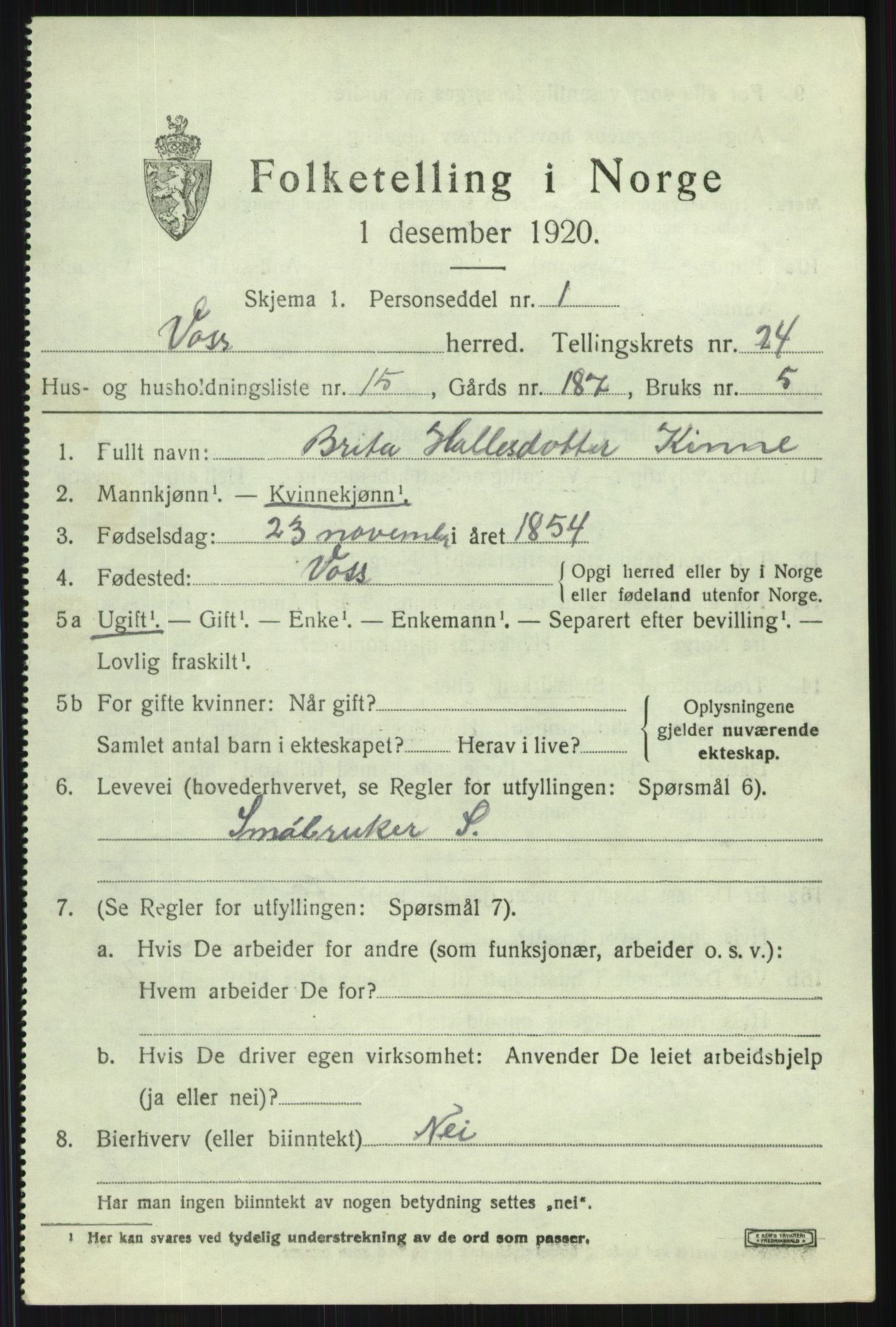 SAB, 1920 census for Voss, 1920, p. 16267