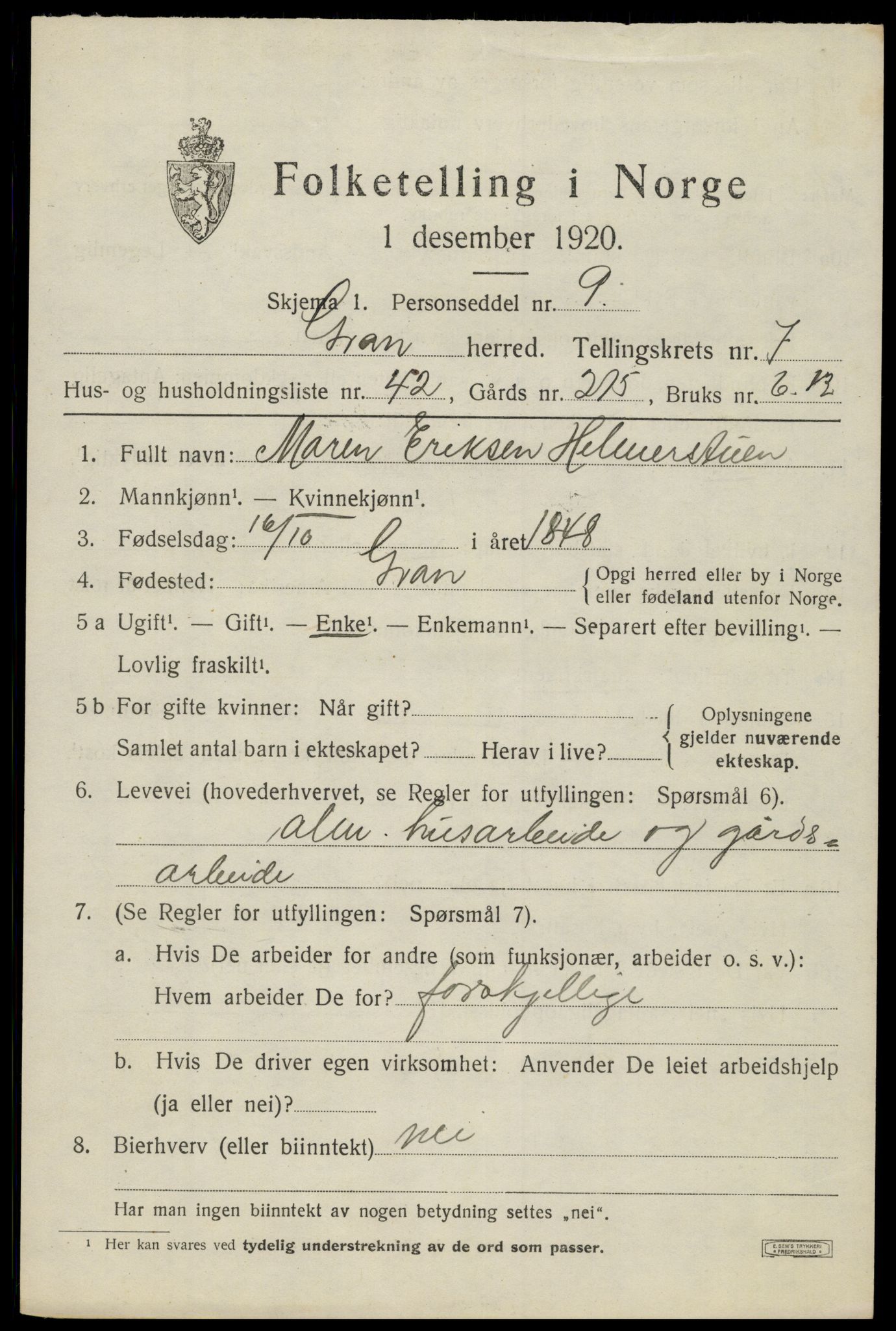 SAH, 1920 census for Gran, 1920, p. 9927