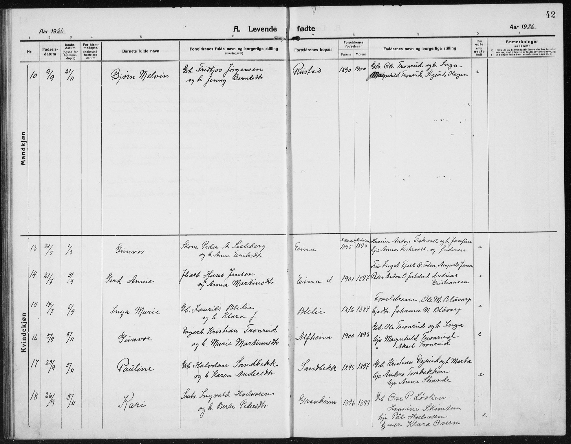 Kolbu prestekontor, AV/SAH-PREST-110/H/Ha/Hab/L0006: Parish register (copy) no. 6, 1916-1934, p. 42