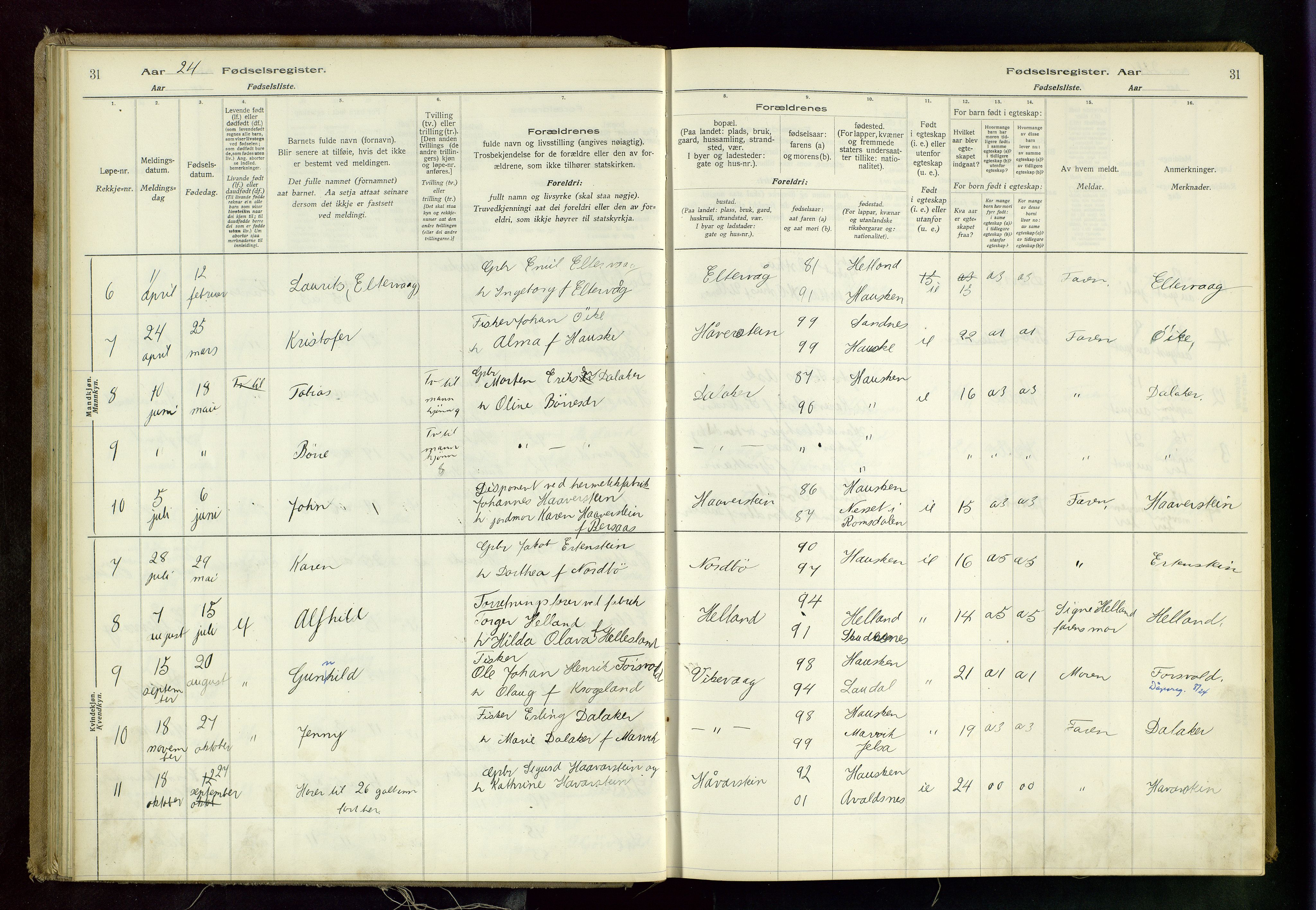 Rennesøy sokneprestkontor, AV/SAST-A -101827/I/Id/L0001: Birth register no. 1, 1916-1982, p. 31