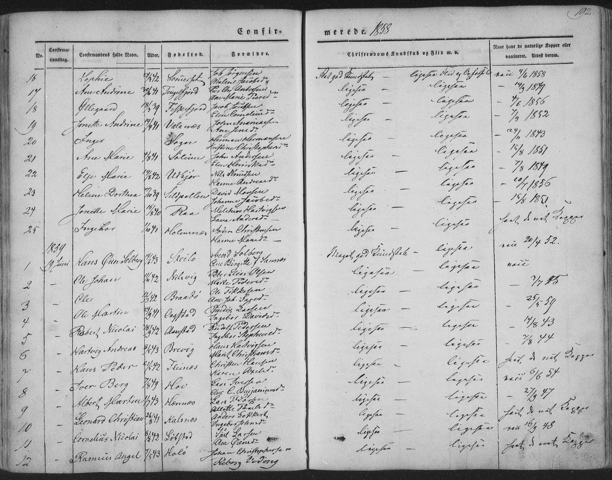 Ministerialprotokoller, klokkerbøker og fødselsregistre - Nordland, SAT/A-1459/888/L1241: Parish register (official) no. 888A07, 1849-1869, p. 192