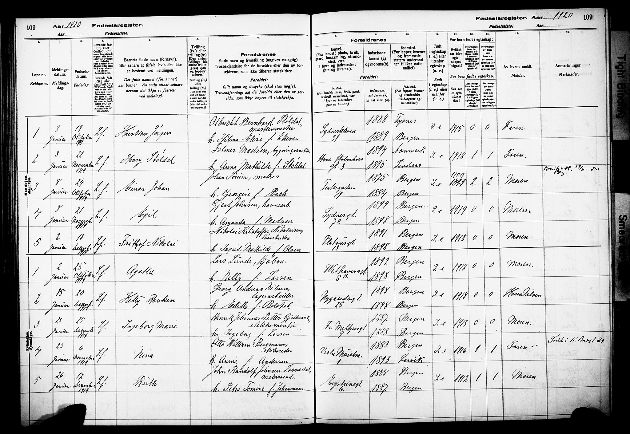 Johanneskirken sokneprestembete, SAB/A-76001/I/Id/L00A1: Birth register no. A 1, 1916-1924, p. 109