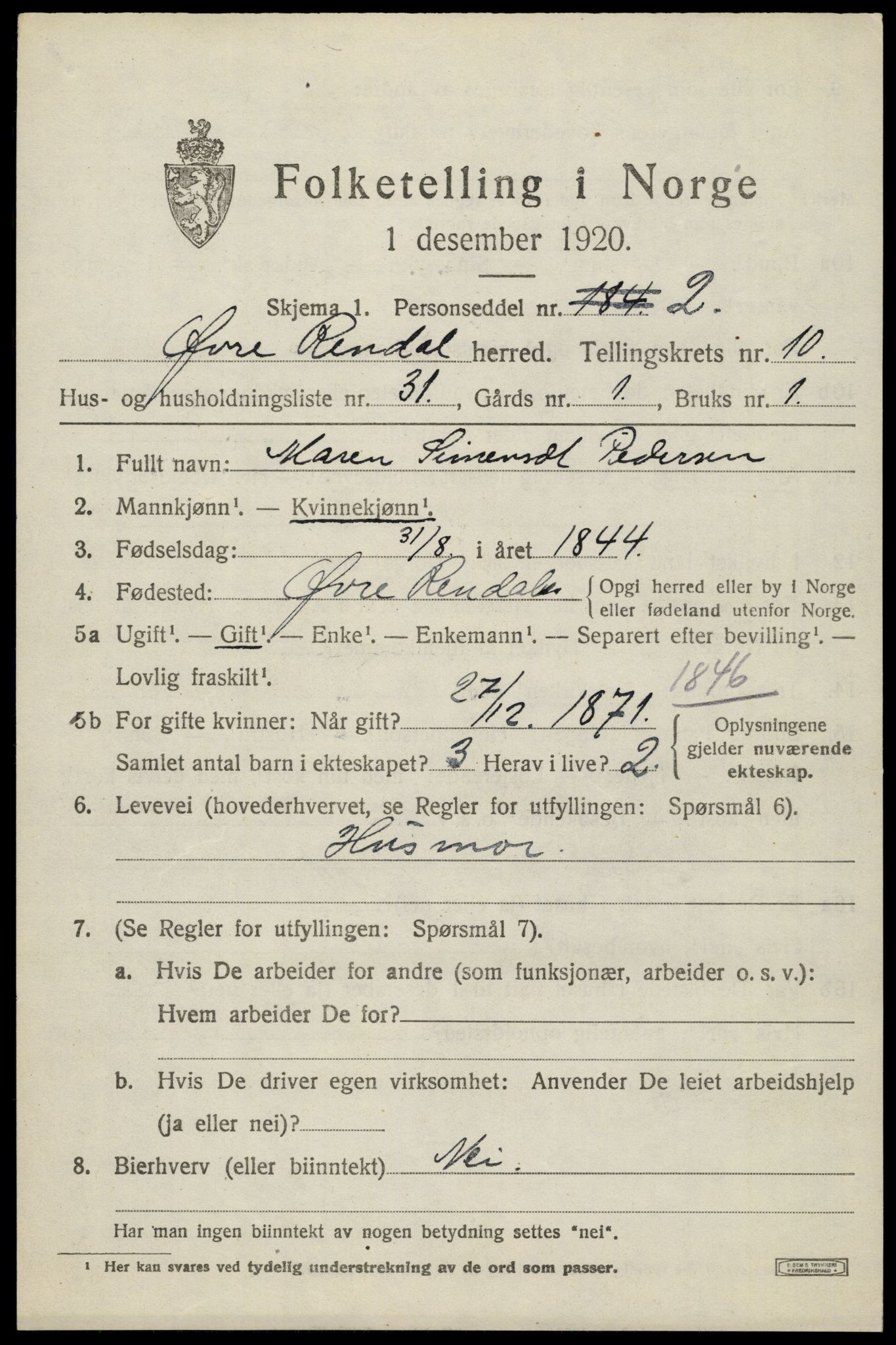 SAH, 1920 census for Øvre Rendal, 1920, p. 4277