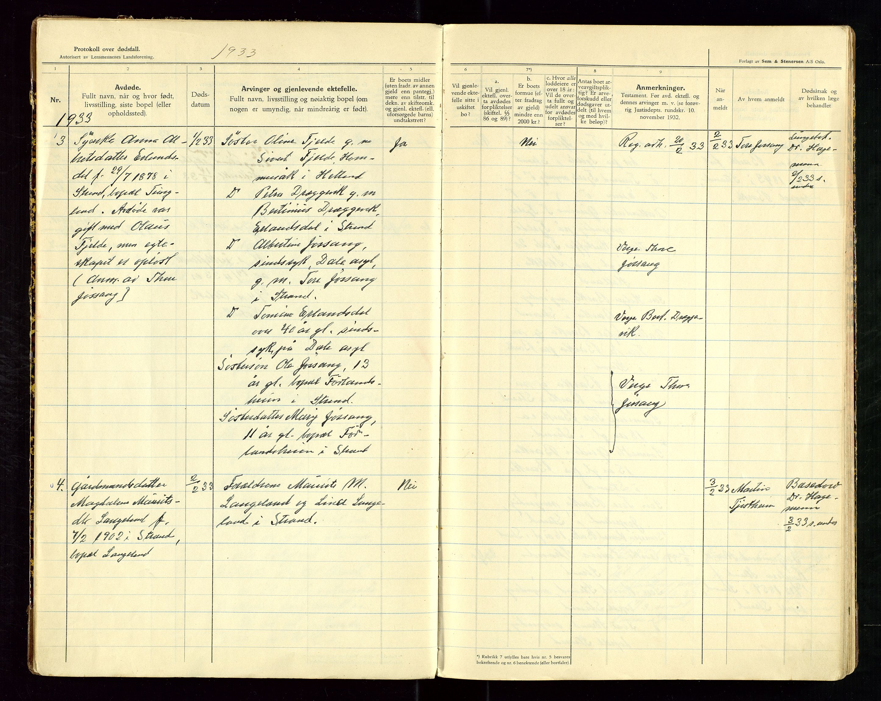Strand og Forsand lensmannskontor, AV/SAST-A-100451/Gga/L0004: "Protokoll over anmeldte dødsfall", 1933-1943