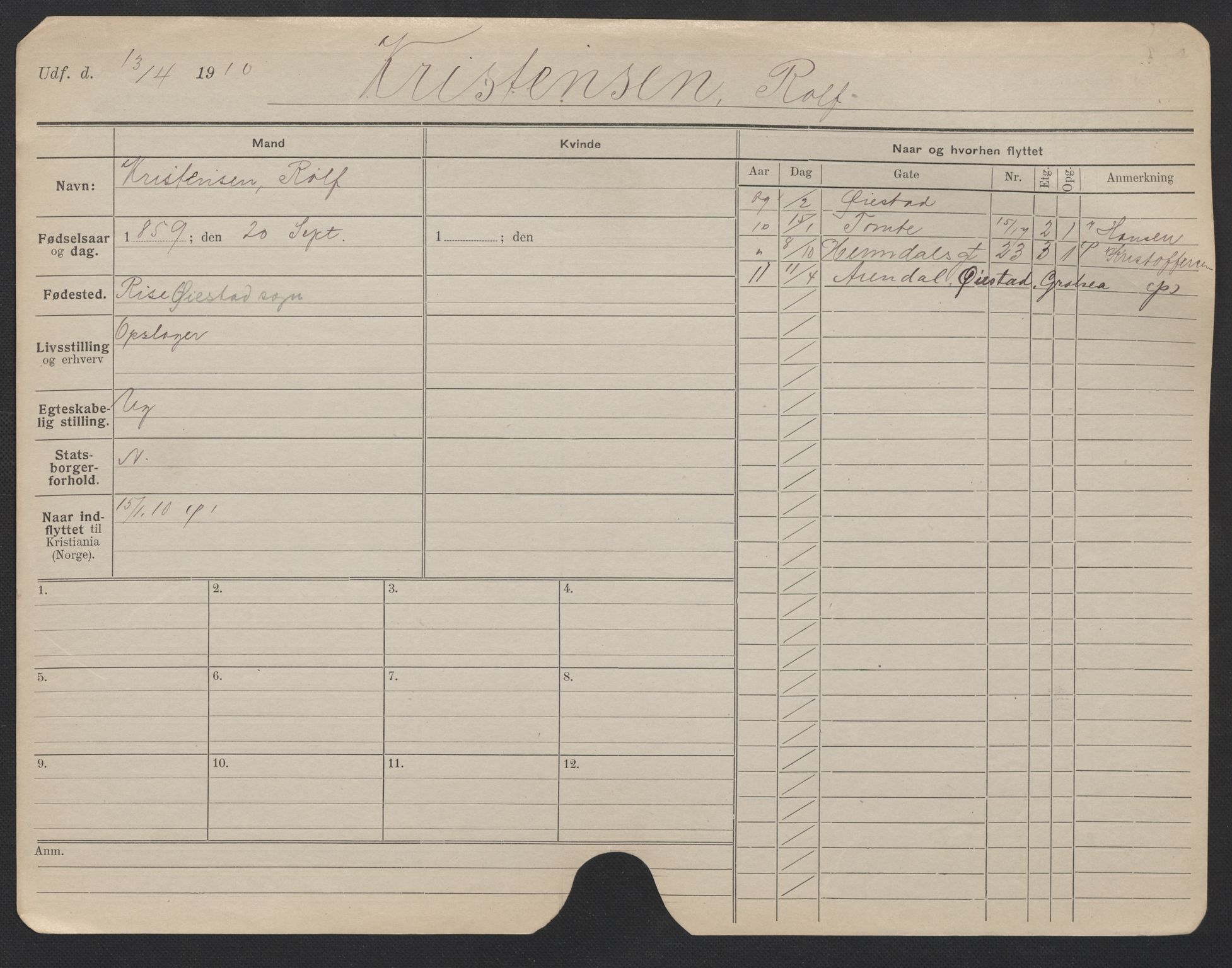 Oslo folkeregister, Registerkort, AV/SAO-A-11715/F/Fa/Fac/L0006: Menn, 1906-1914, p. 600a