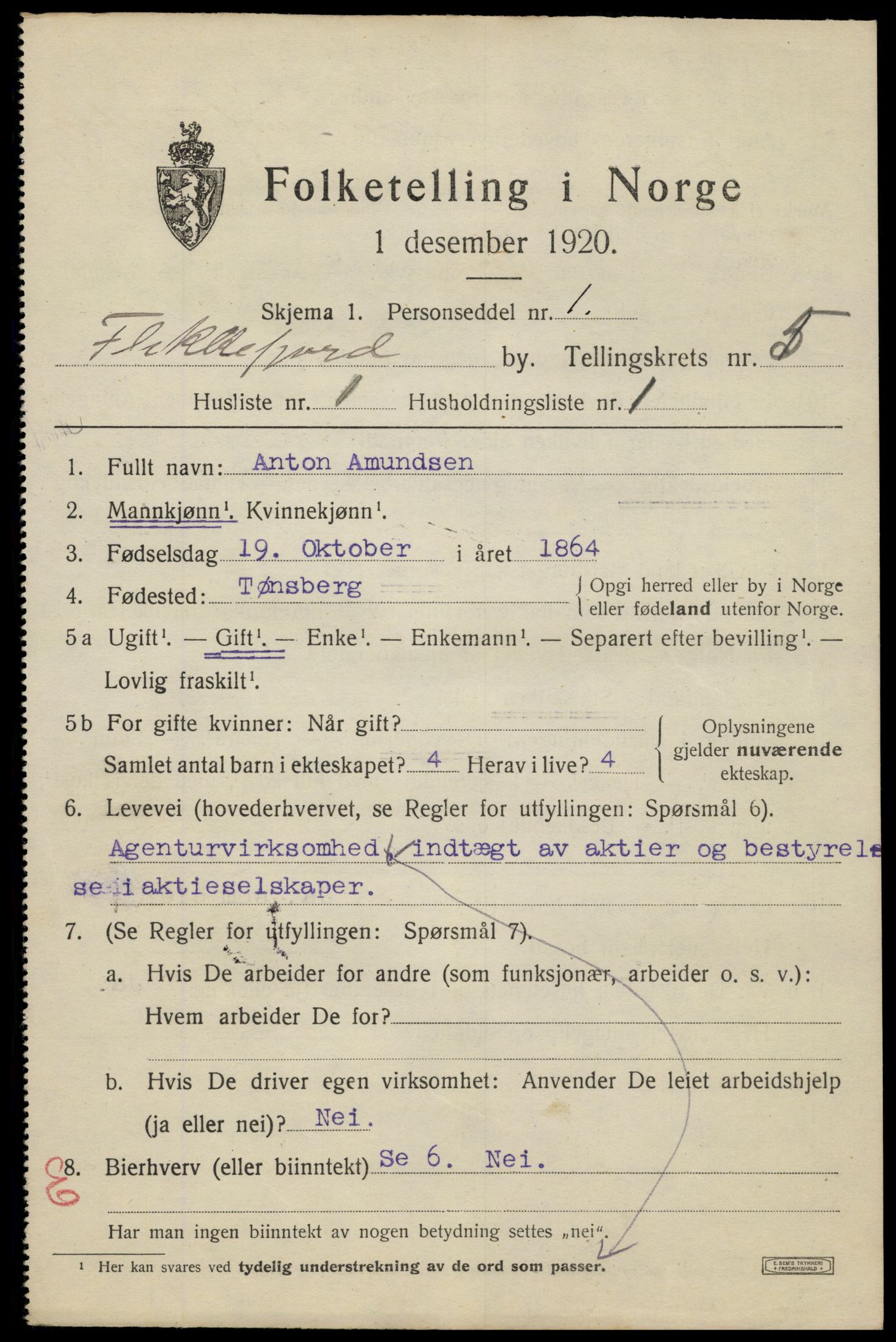 SAK, 1920 census for Flekkefjord, 1920, p. 5136