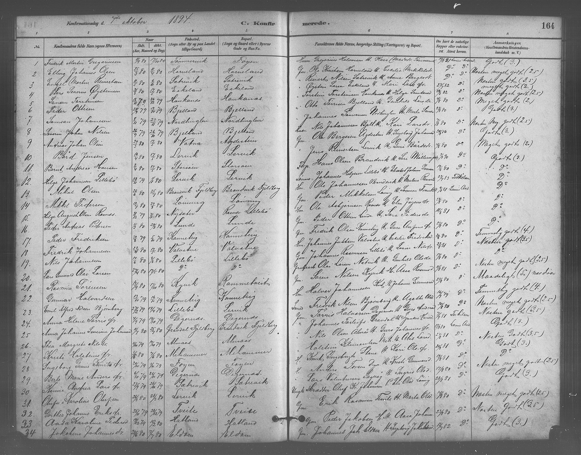 Stord sokneprestembete, SAB/A-78201/H/Hab: Parish register (copy) no. A 2, 1879-1909, p. 164