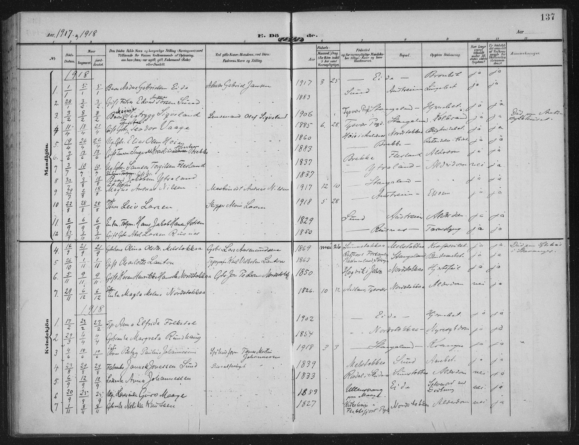 Kopervik sokneprestkontor, AV/SAST-A-101850/H/Ha/Haa/L0003: Parish register (official) no. A 3, 1906-1924, p. 137