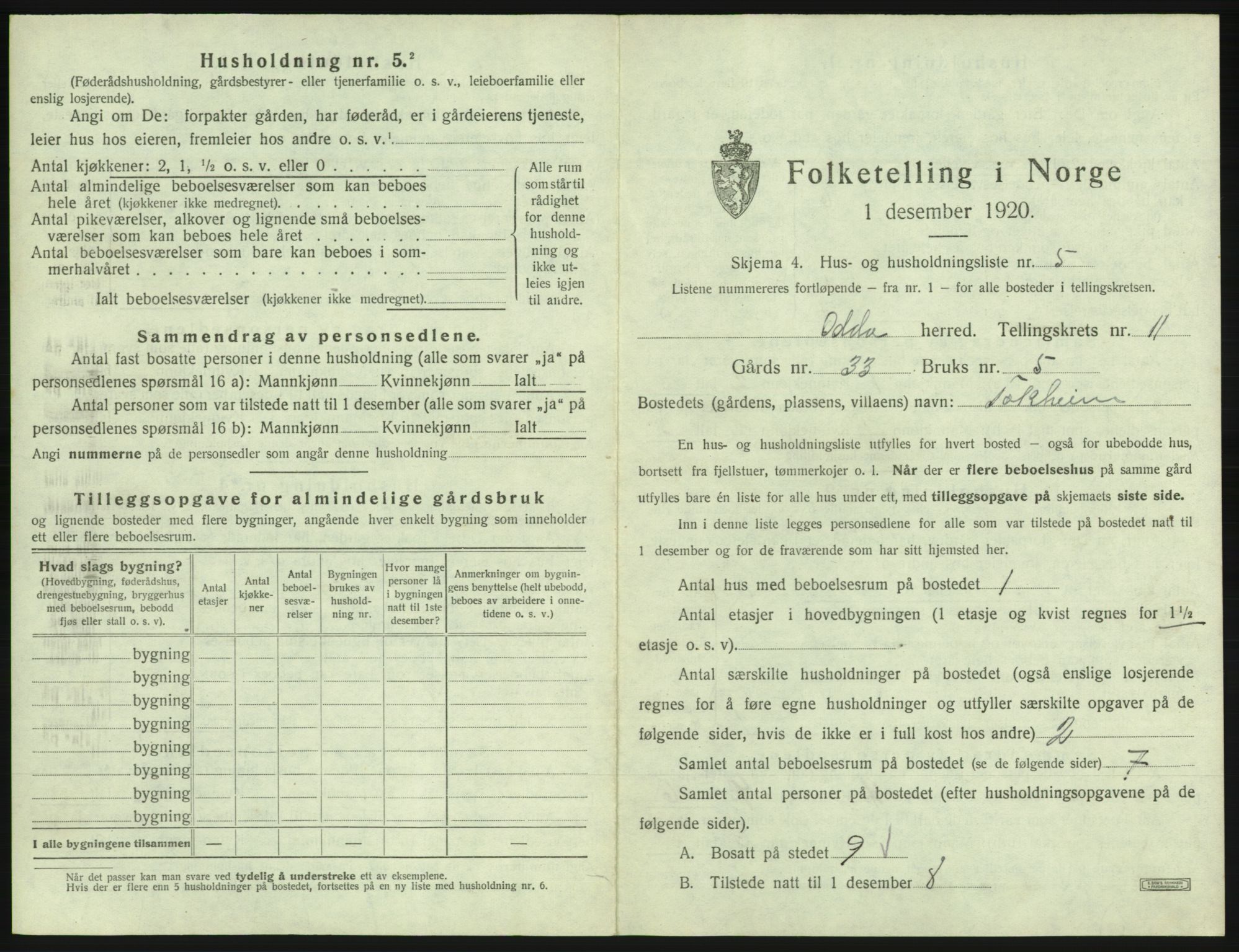 SAB, 1920 census for Odda, 1920, p. 1021