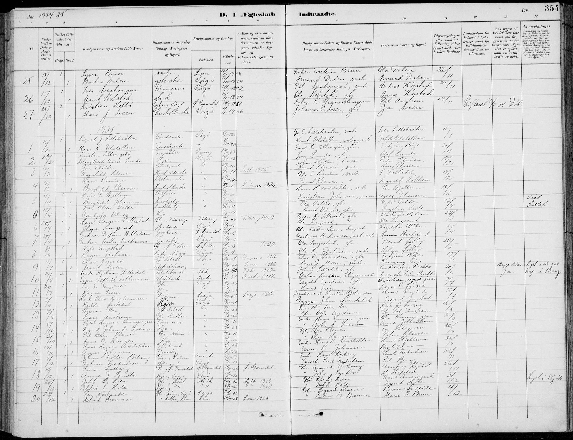 Vågå prestekontor, SAH/PREST-076/H/Ha/Hab/L0002: Parish register (copy) no. 2, 1894-1939, p. 354