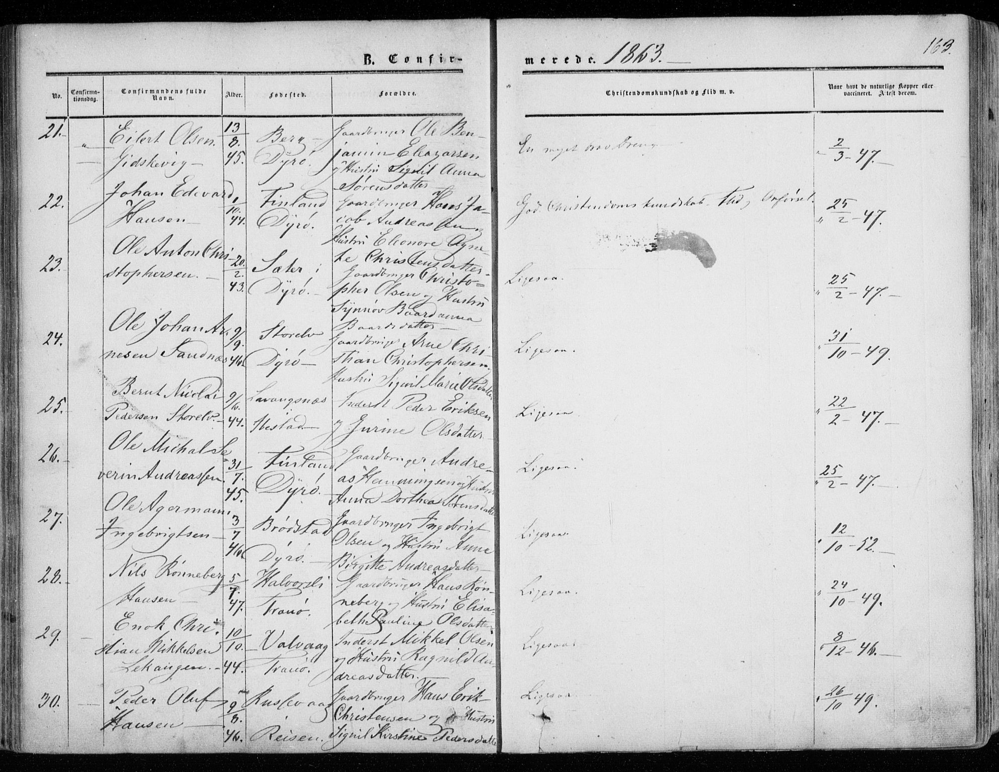 Tranøy sokneprestkontor, AV/SATØ-S-1313/I/Ia/Iaa/L0007kirke: Parish register (official) no. 7, 1856-1866, p. 163