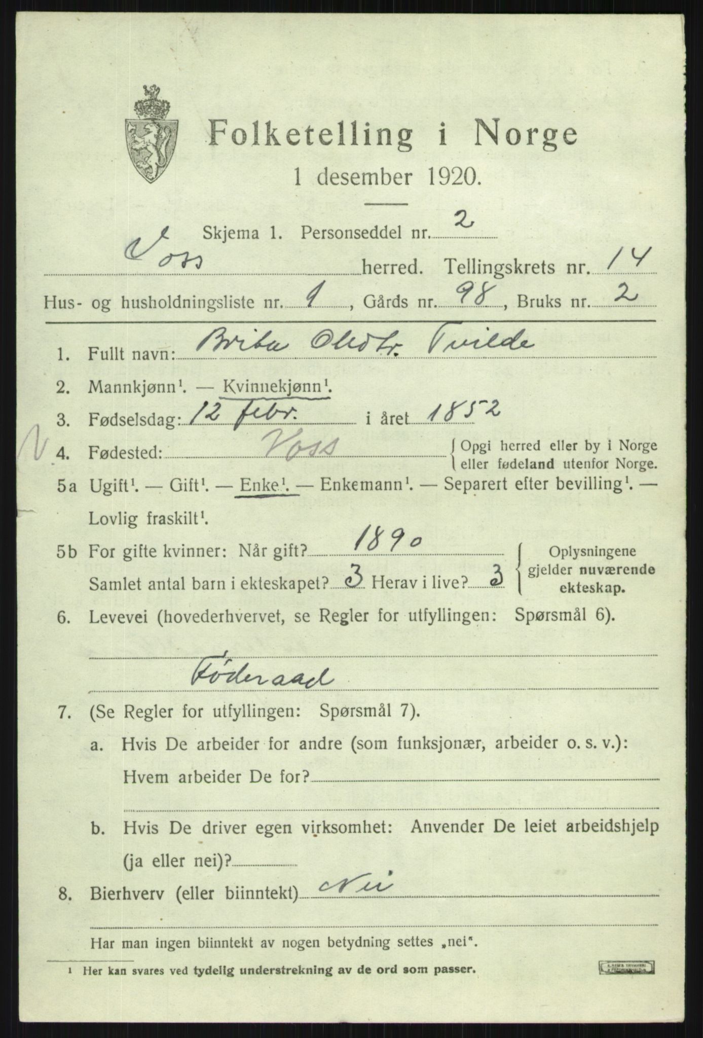 SAB, 1920 census for Voss, 1920, p. 11695