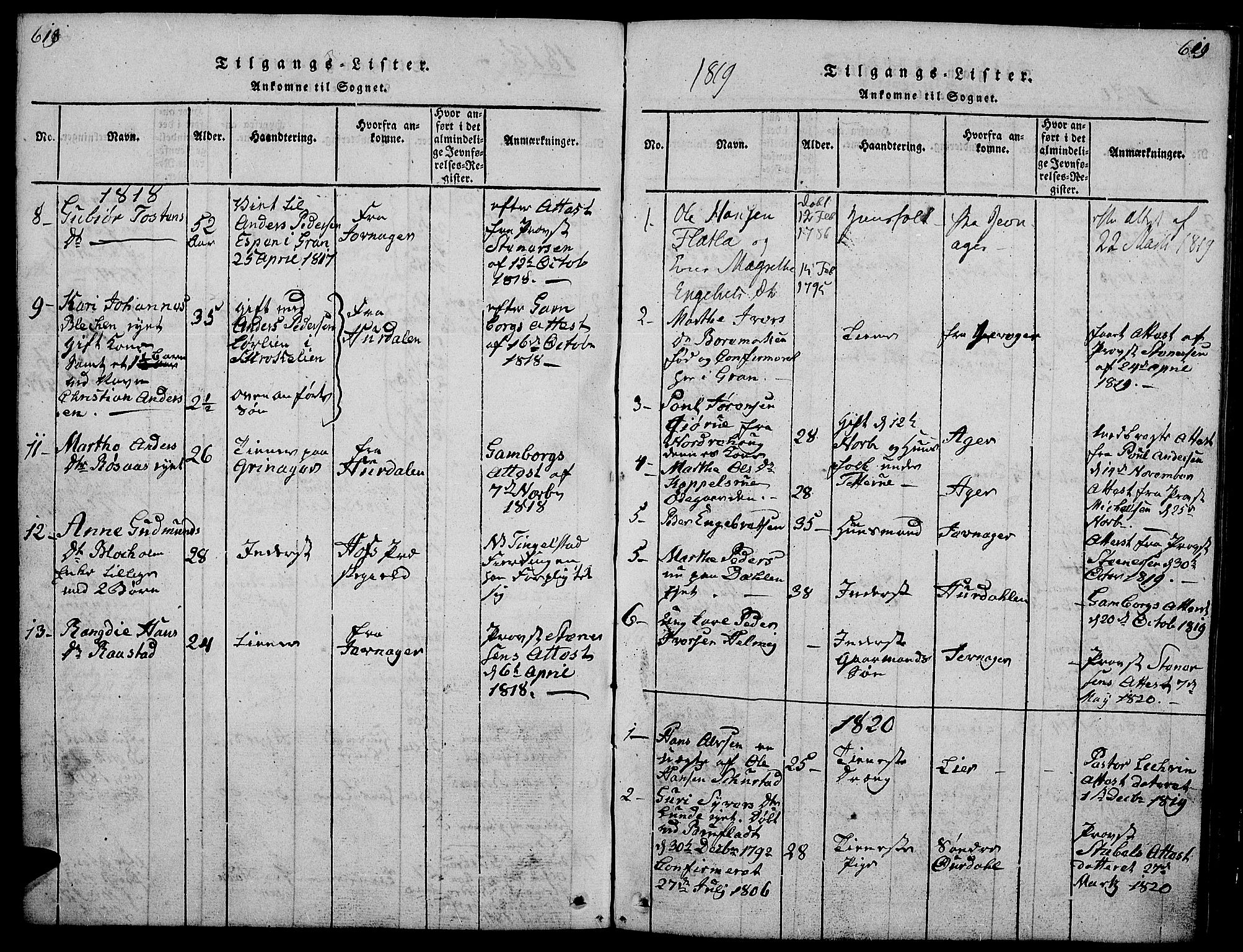 Gran prestekontor, SAH/PREST-112/H/Ha/Hab/L0001: Parish register (copy) no. 1, 1815-1824, p. 618-619