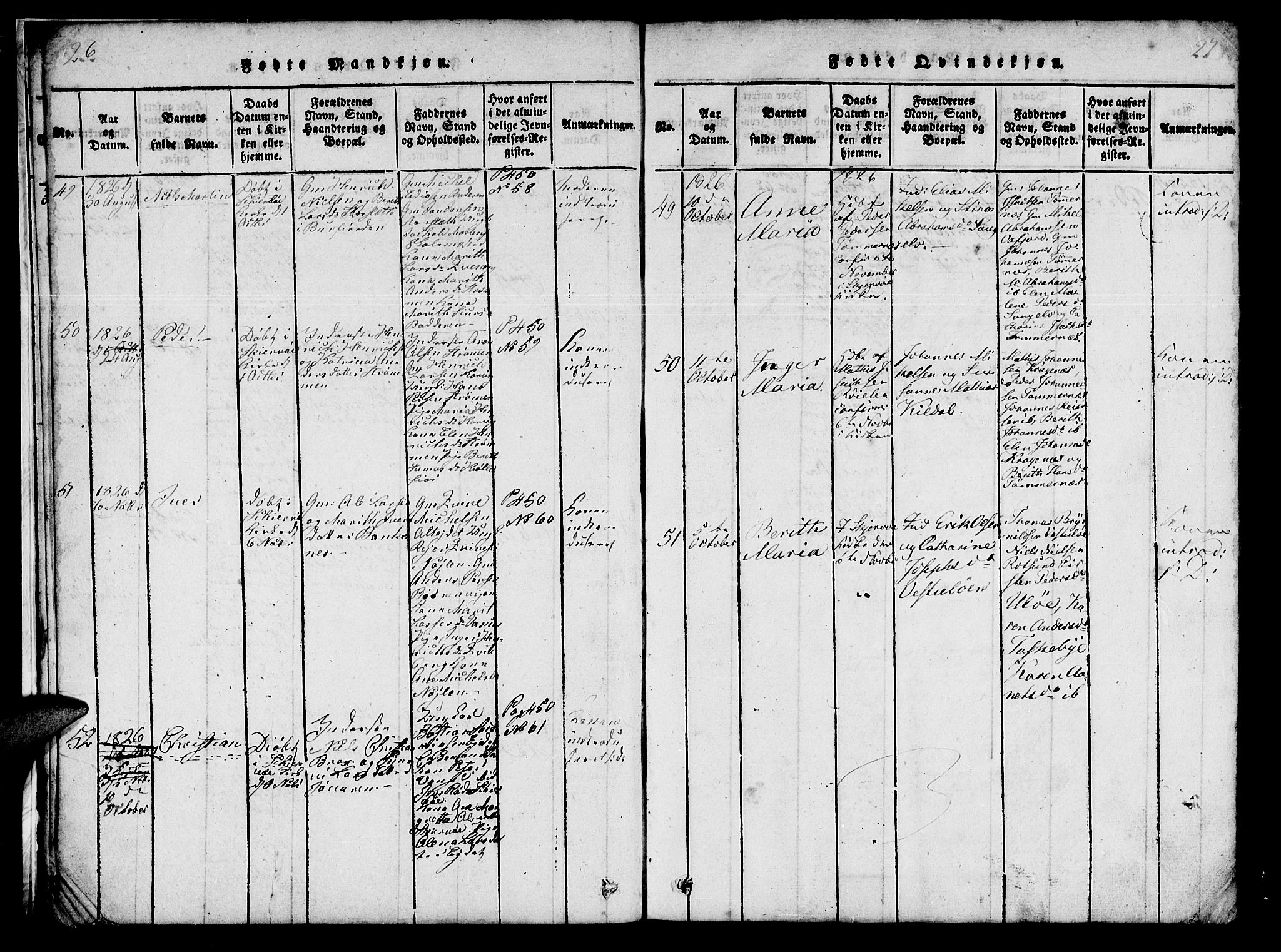 Skjervøy sokneprestkontor, AV/SATØ-S-1300/H/Ha/Hab/L0001klokker: Parish register (copy) no. 1, 1825-1838, p. 26-27