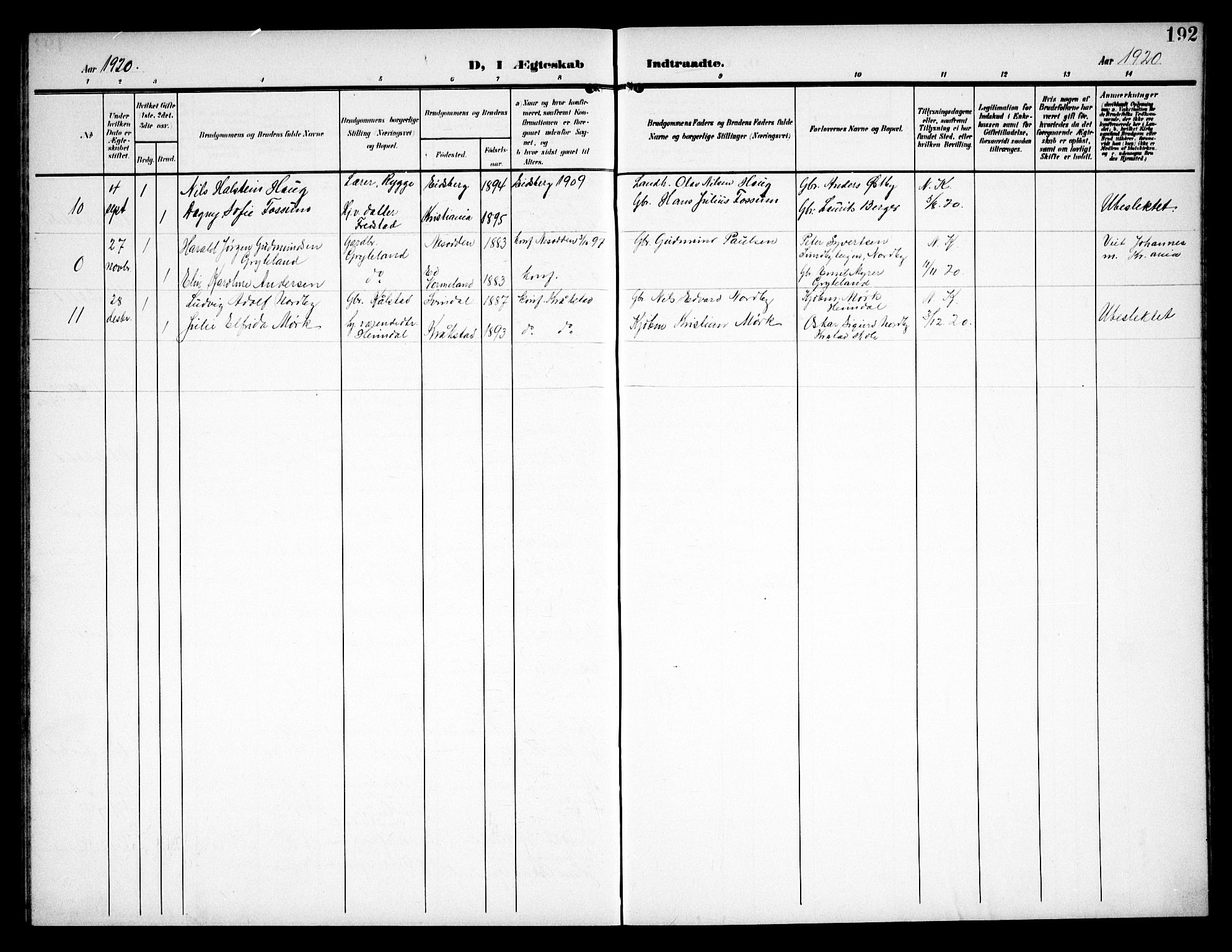 Kråkstad prestekontor Kirkebøker, AV/SAO-A-10125a/G/Ga/L0002: Parish register (copy) no. I 2, 1905-1934, p. 192