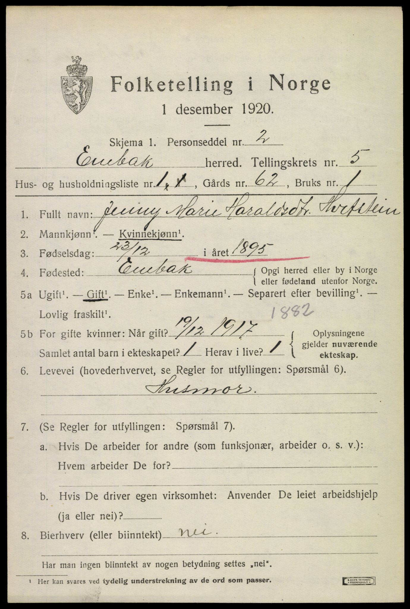 SAO, 1920 census for Enebakk, 1920, p. 4055