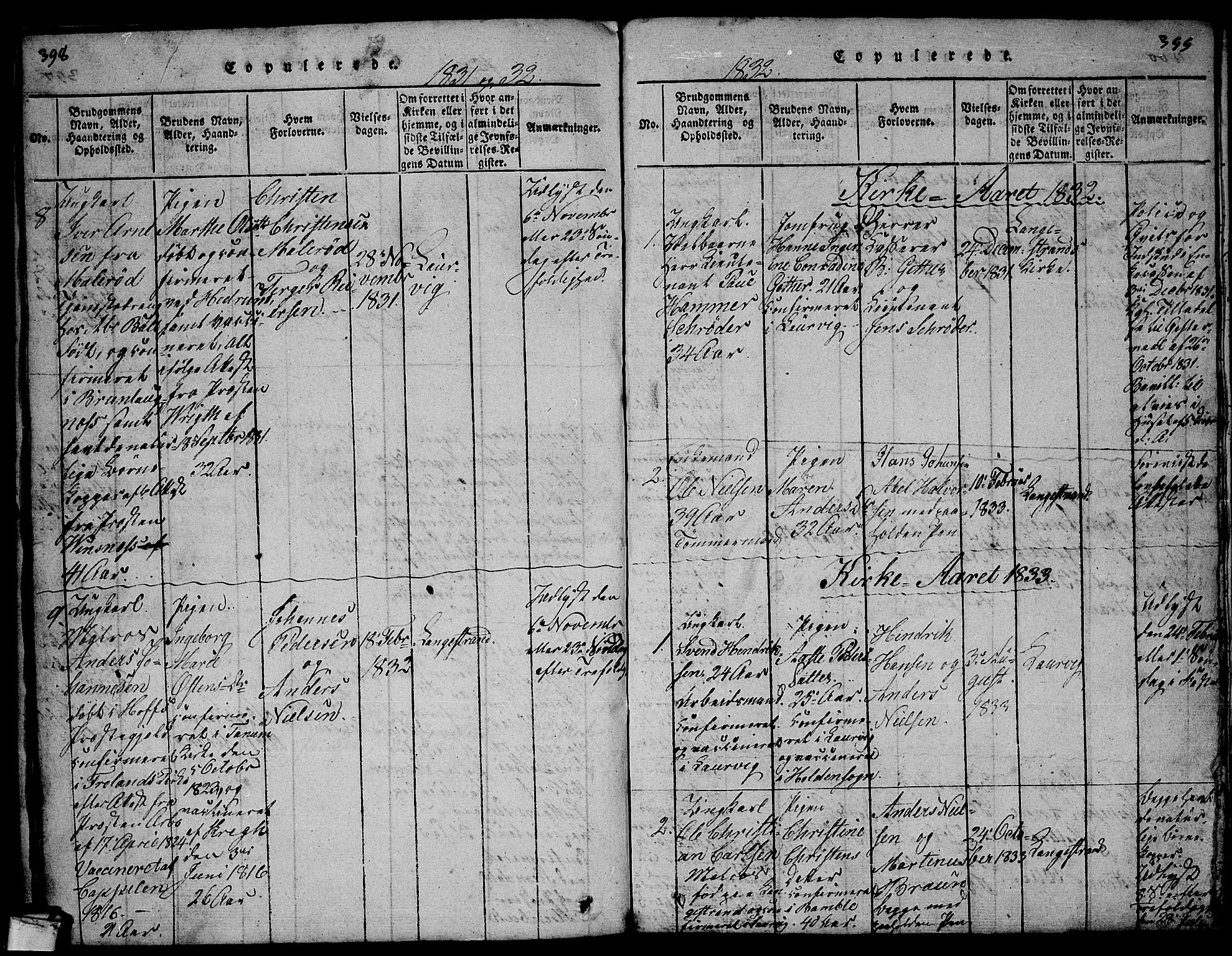 Larvik kirkebøker, AV/SAKO-A-352/G/Gb/L0001: Parish register (copy) no. II 1, 1818-1843, p. 398-399