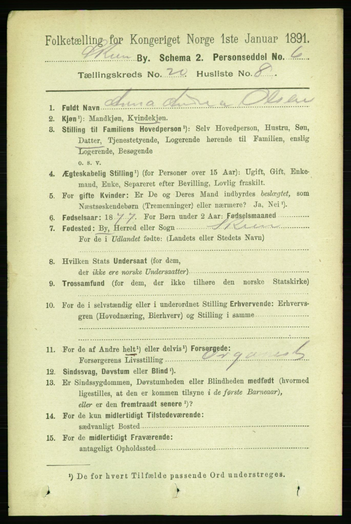 RA, 1891 census for 0806 Skien, 1891, p. 5182