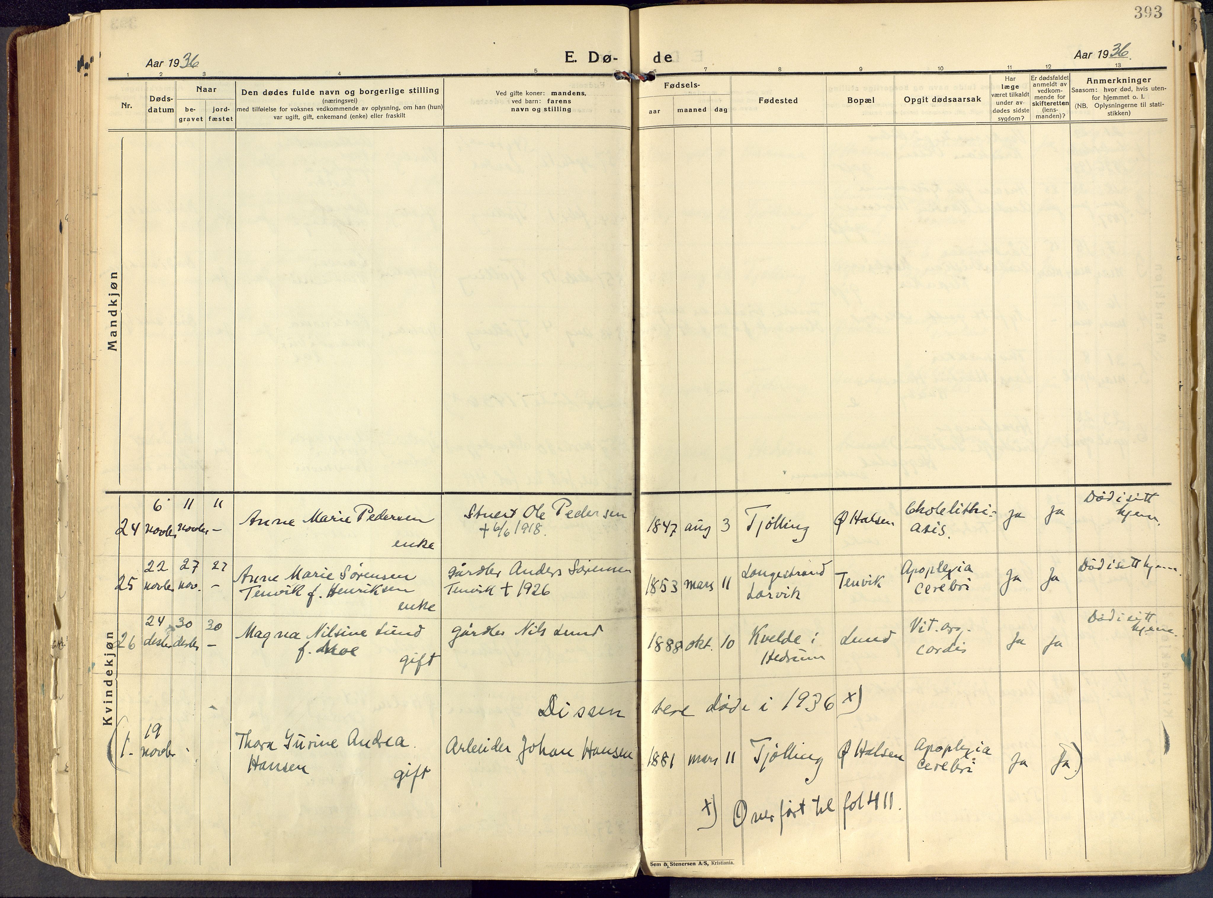 Tjølling kirkebøker, AV/SAKO-A-60/F/Fa/L0011: Parish register (official) no. 11, 1924-1943, p. 393