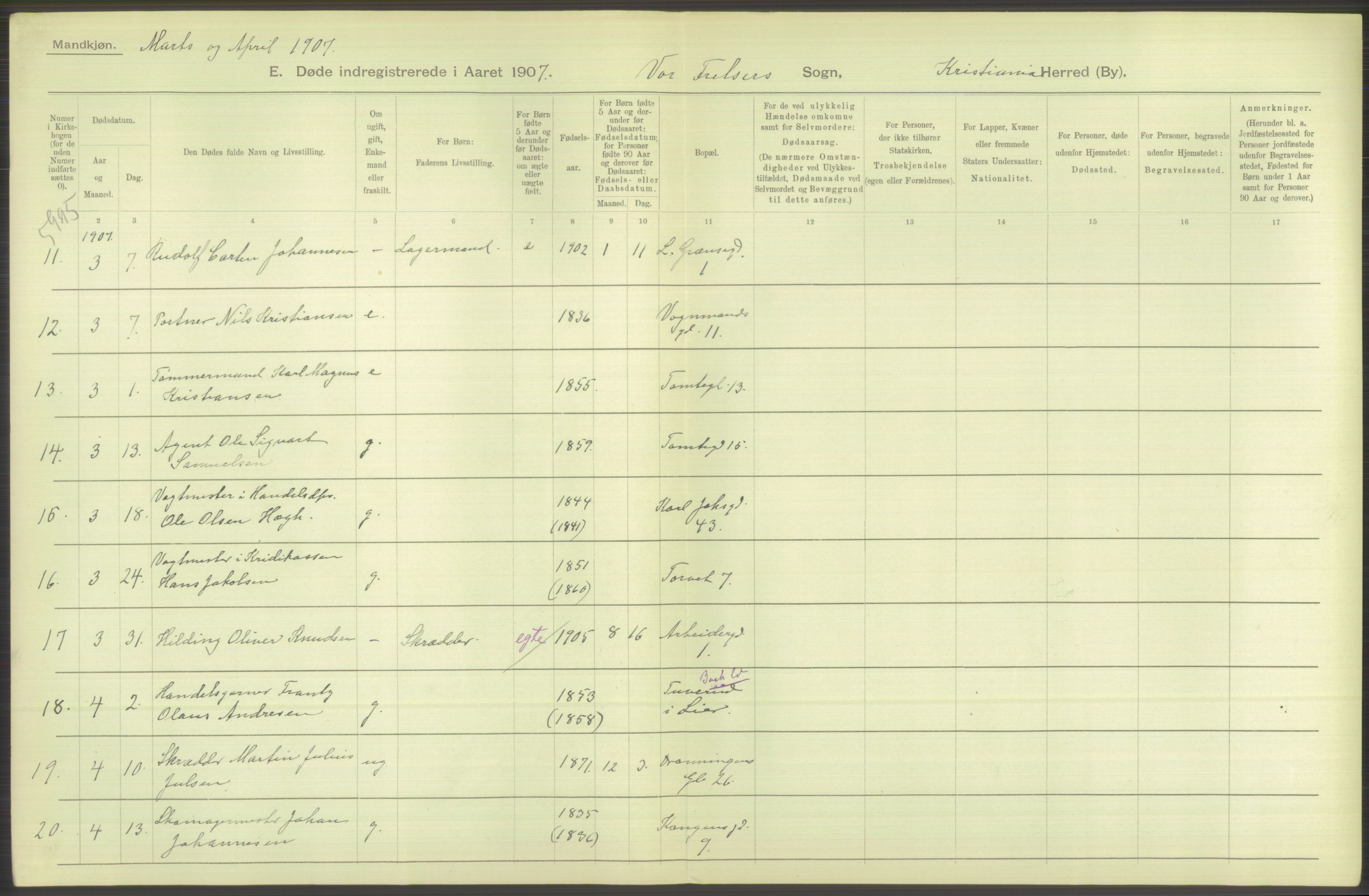 Statistisk sentralbyrå, Sosiodemografiske emner, Befolkning, AV/RA-S-2228/D/Df/Dfa/Dfae/L0010: Kristiania: Døde, dødfødte, 1907, p. 426