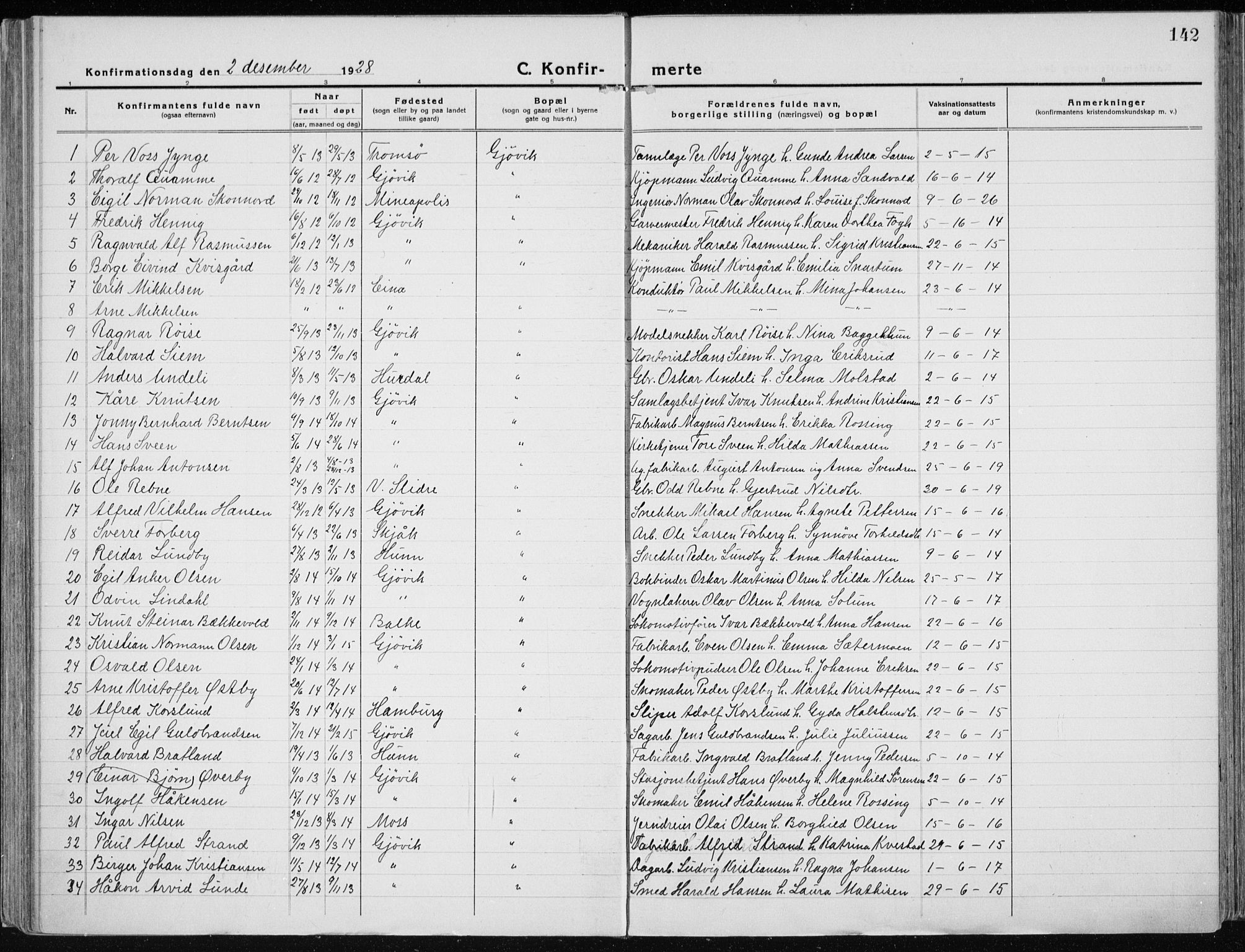 Vardal prestekontor, SAH/PREST-100/H/Ha/Haa/L0015: Parish register (official) no. 15, 1923-1937, p. 142