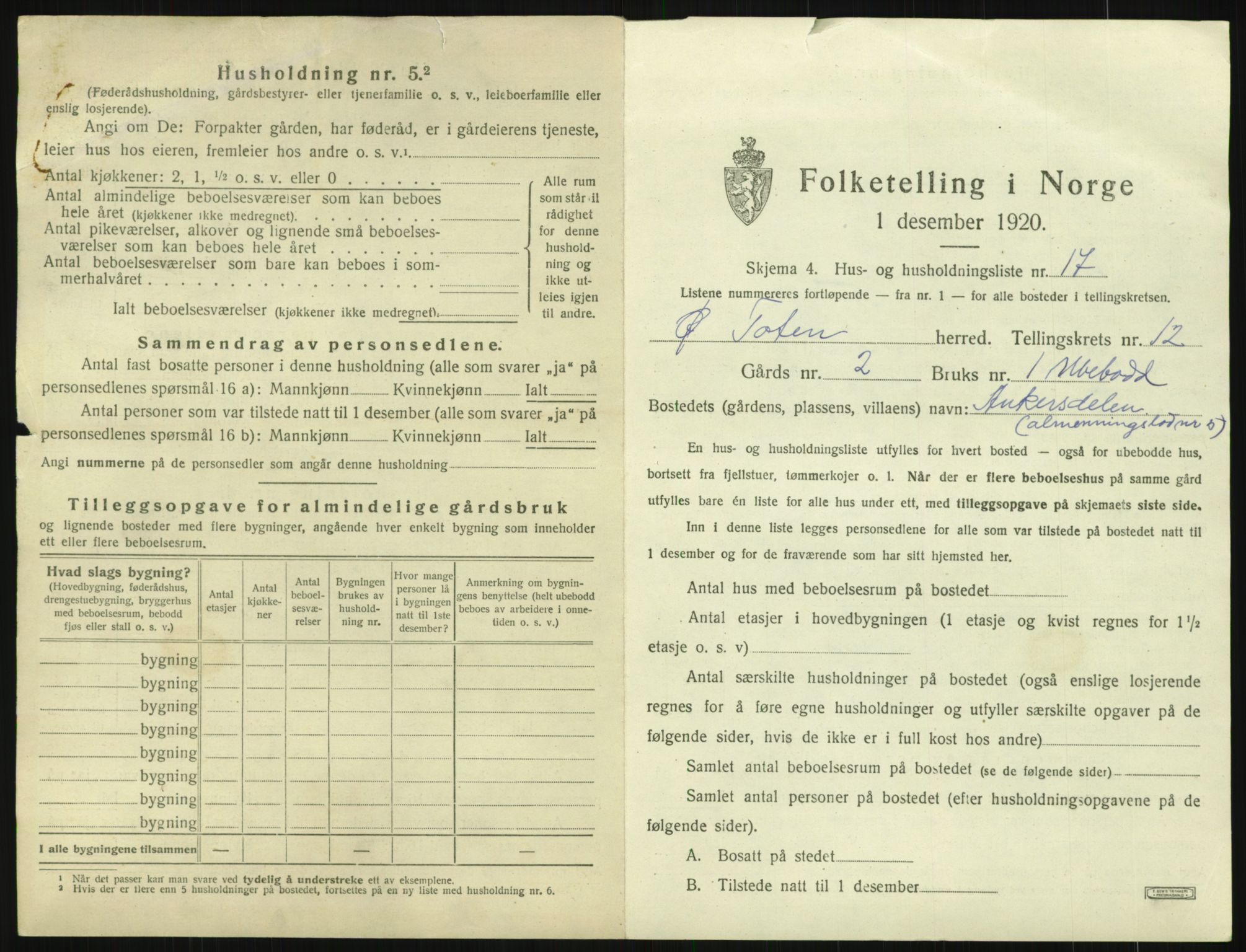 SAH, 1920 census for Østre Toten, 1920, p. 3516