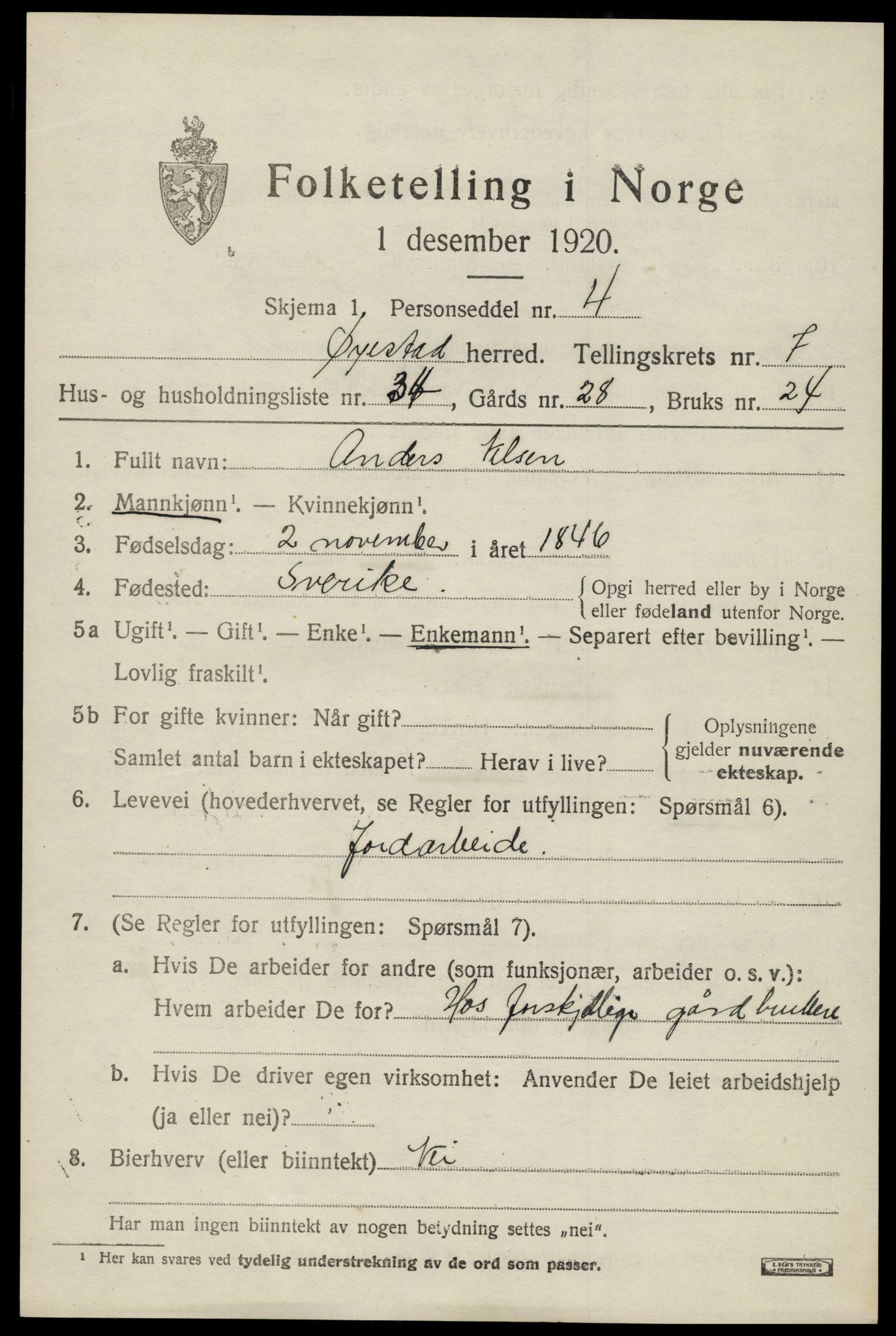 SAK, 1920 census for Øyestad, 1920, p. 5170