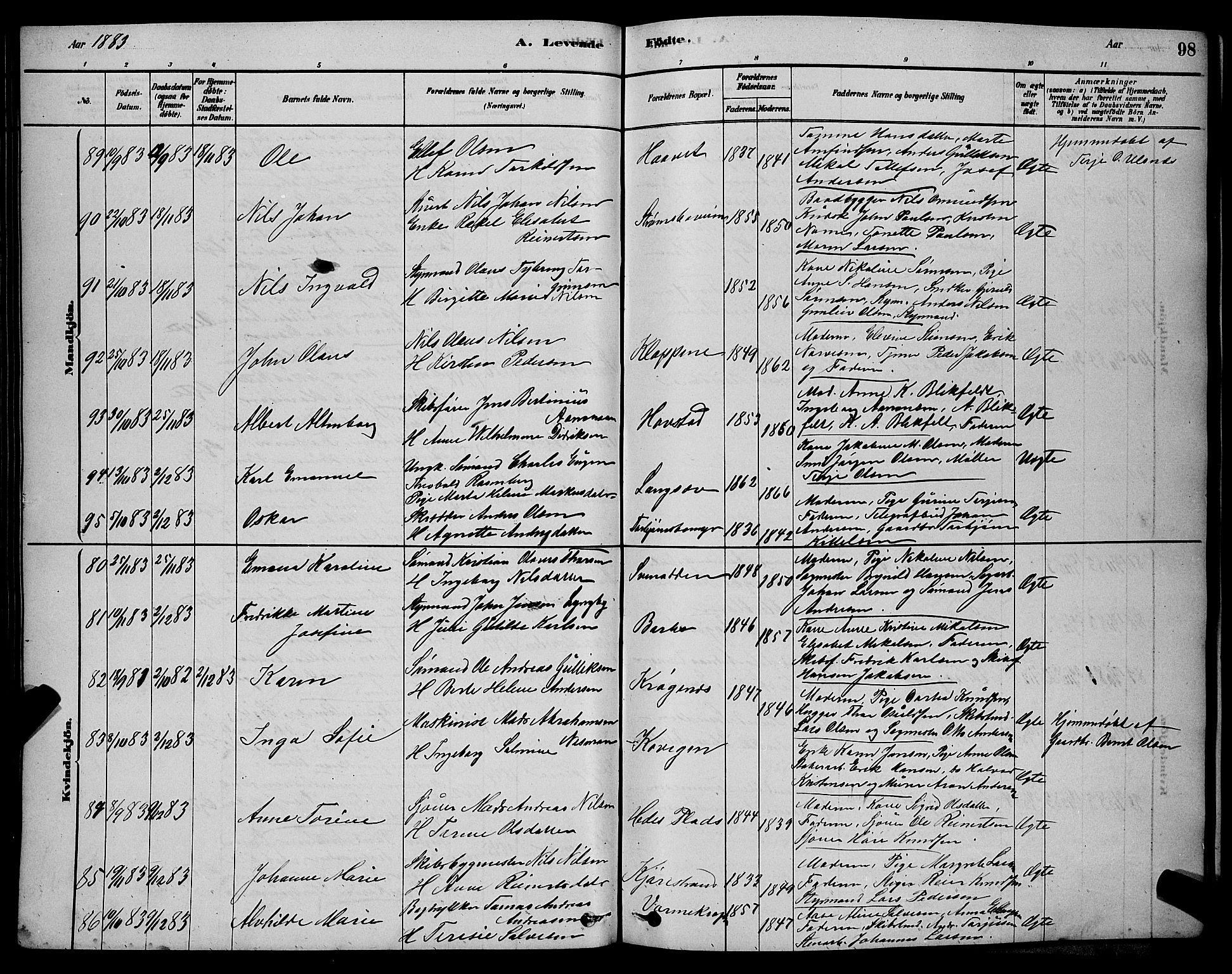 Barbu sokneprestkontor, AV/SAK-1111-0003/F/Fb/L0001: Parish register (copy) no. B 1, 1878-1890, p. 98