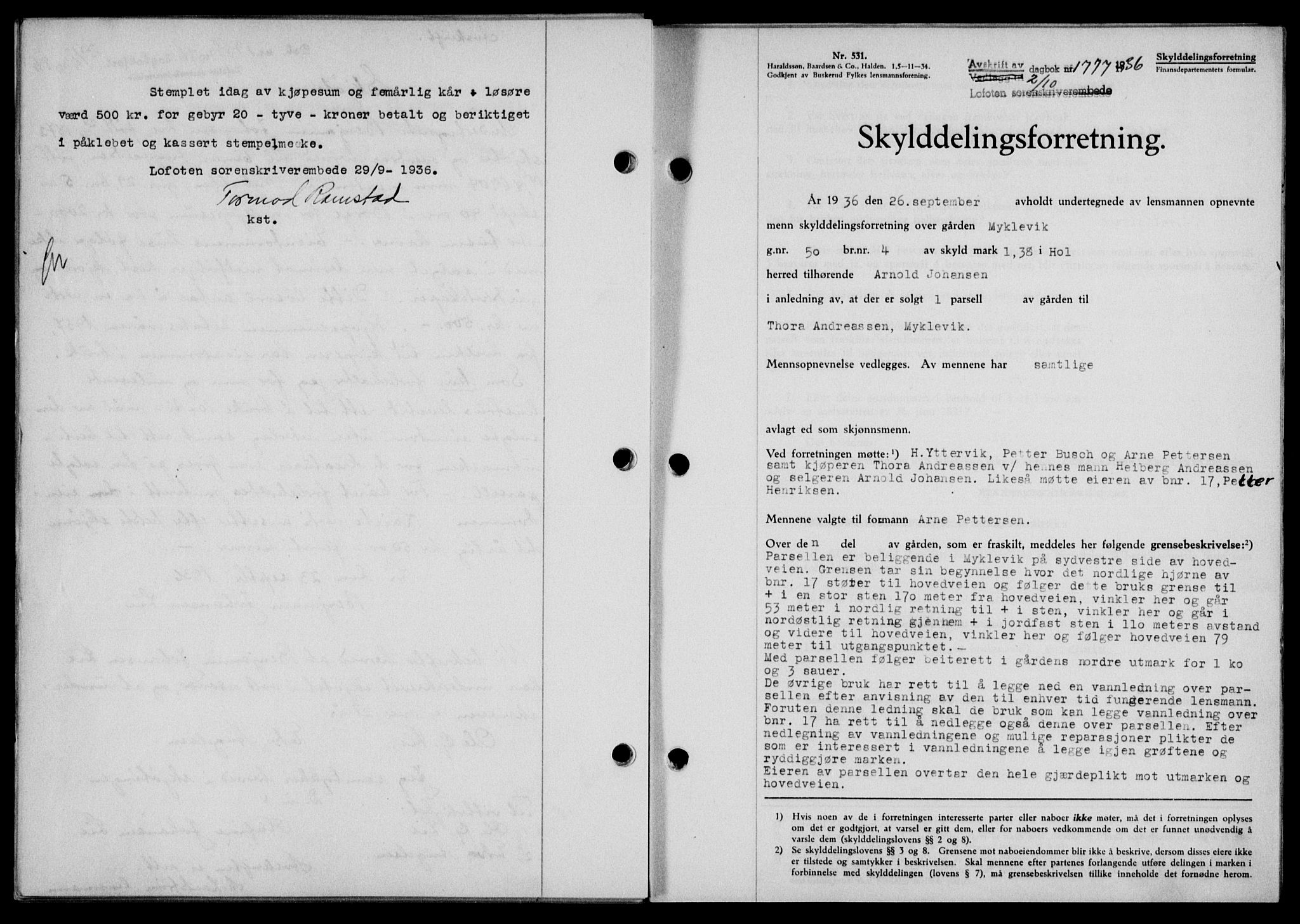 Lofoten sorenskriveri, SAT/A-0017/1/2/2C/L0001a: Mortgage book no. 1a, 1936-1937, Diary no: : 1777/1936