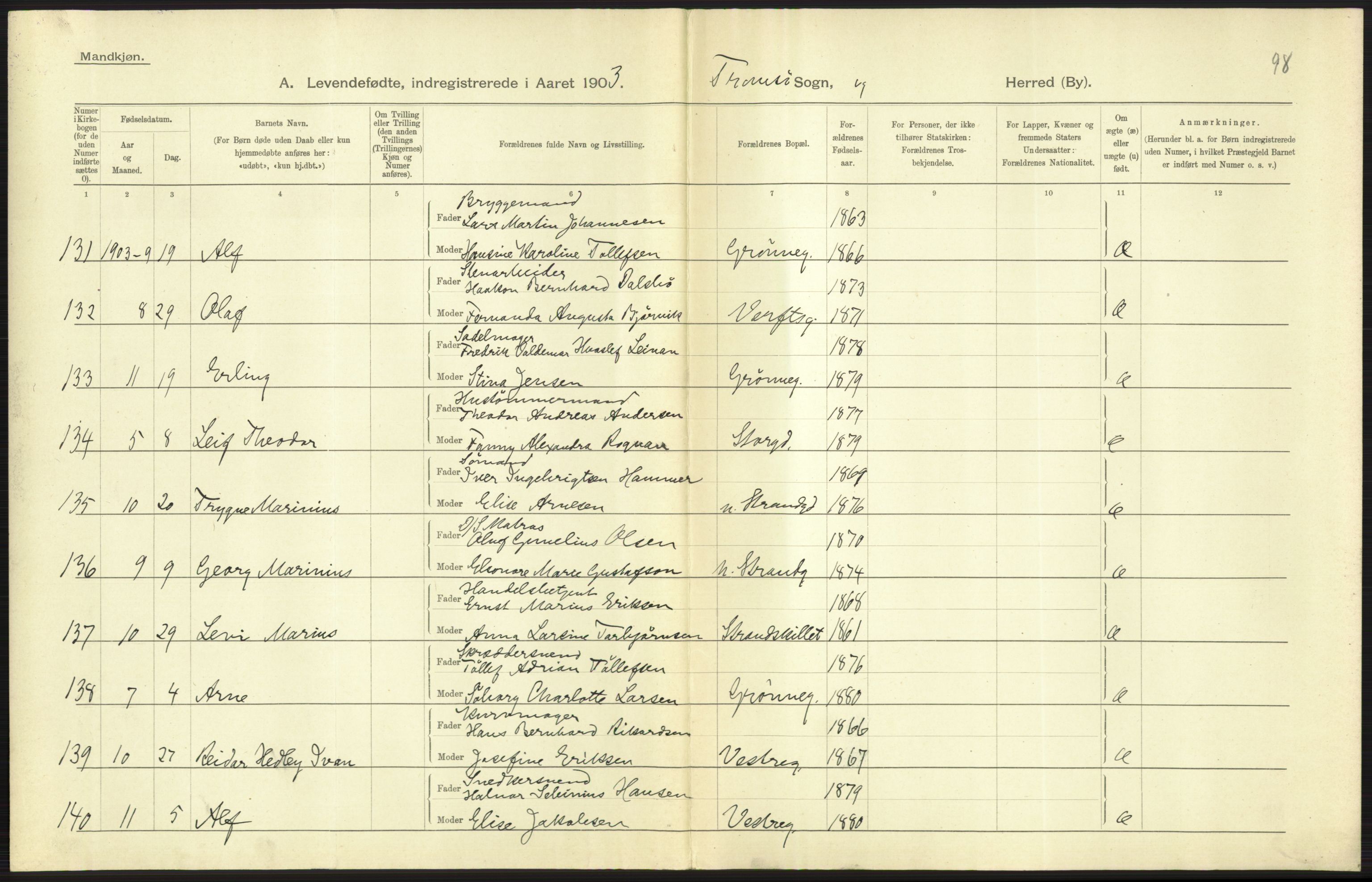 Statistisk sentralbyrå, Sosiodemografiske emner, Befolkning, AV/RA-S-2228/D/Df/Dfa/Dfaa/L0021: Tromsø amt: Fødte, gifte, døde., 1903, p. 271