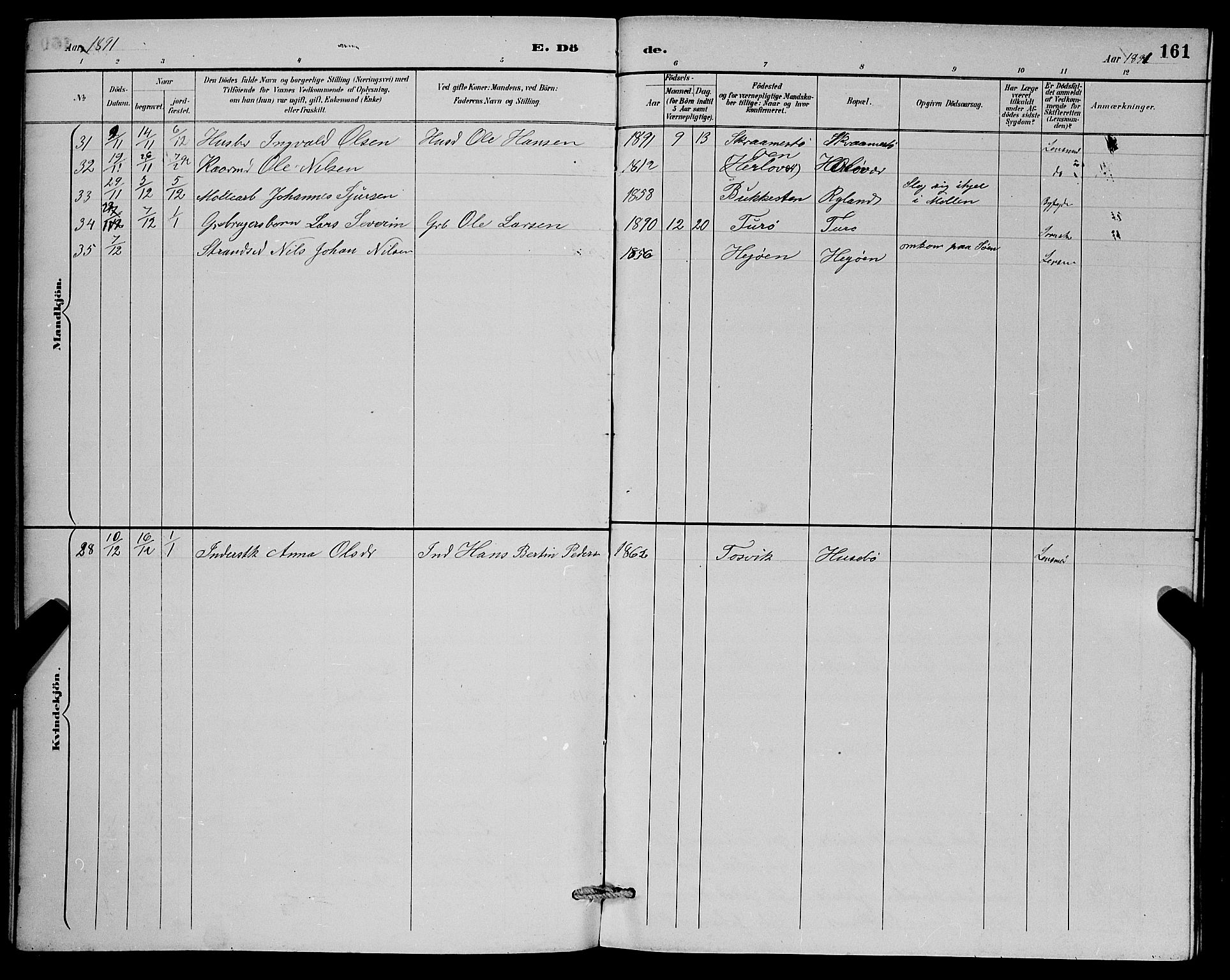 Herdla Sokneprestembete, SAB/A-75701/H/Hab: Parish register (copy) no. A 3, 1889-1899, p. 161