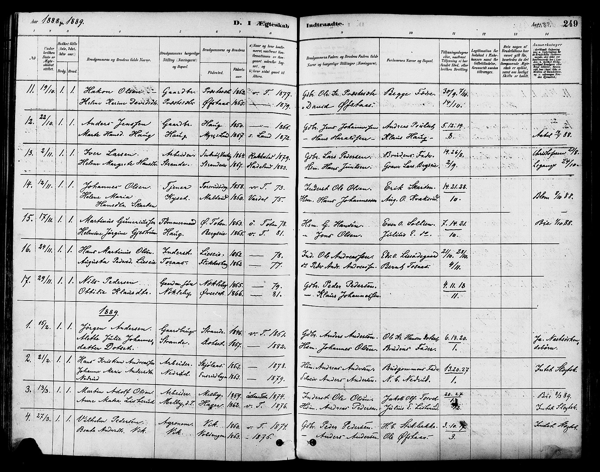 Vestre Toten prestekontor, SAH/PREST-108/H/Ha/Haa/L0009: Parish register (official) no. 9, 1878-1894, p. 249
