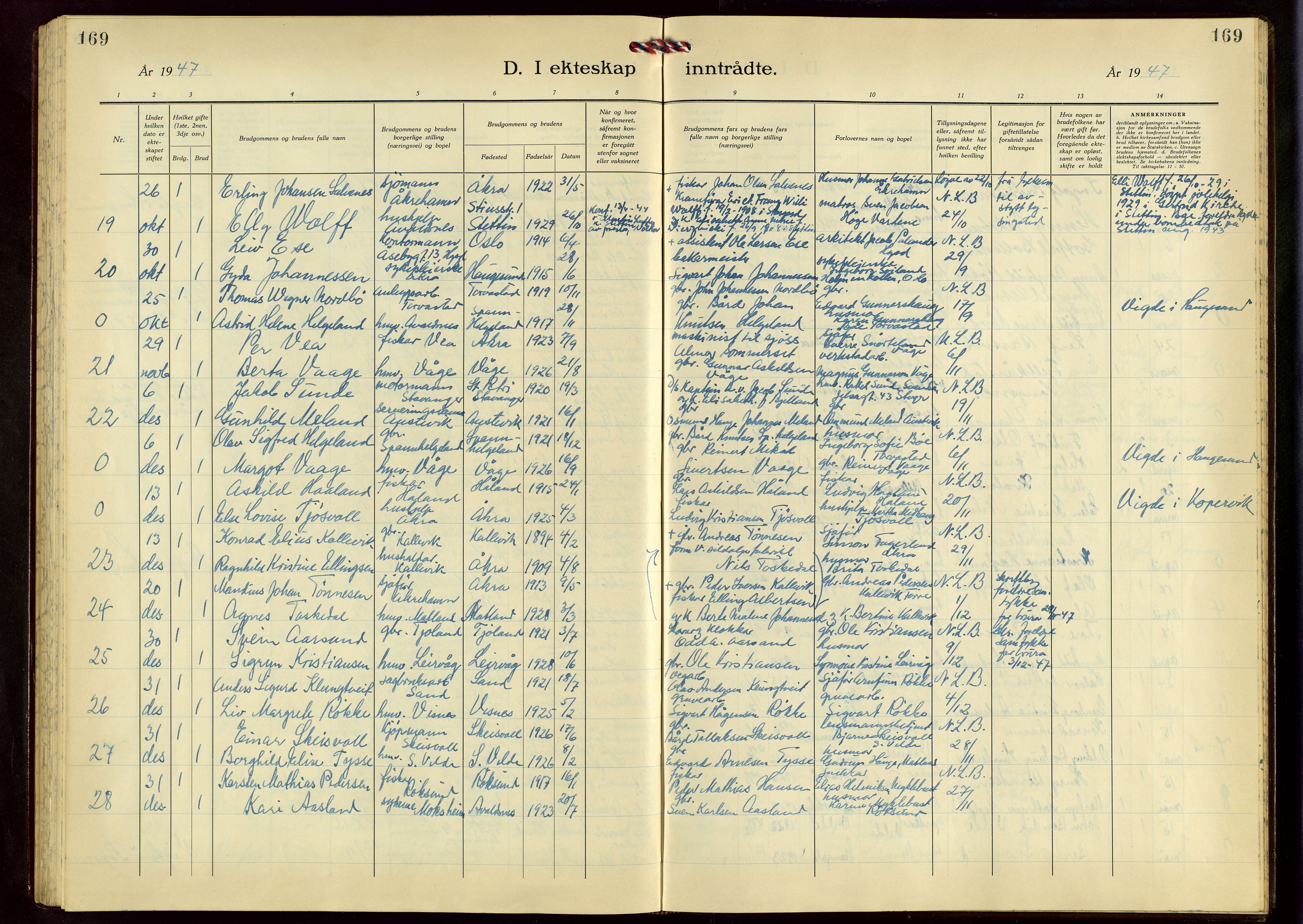 Avaldsnes sokneprestkontor, AV/SAST-A -101851/H/Ha/Hab/L0009: Parish register (copy) no. B 9, 1940-1958, p. 169