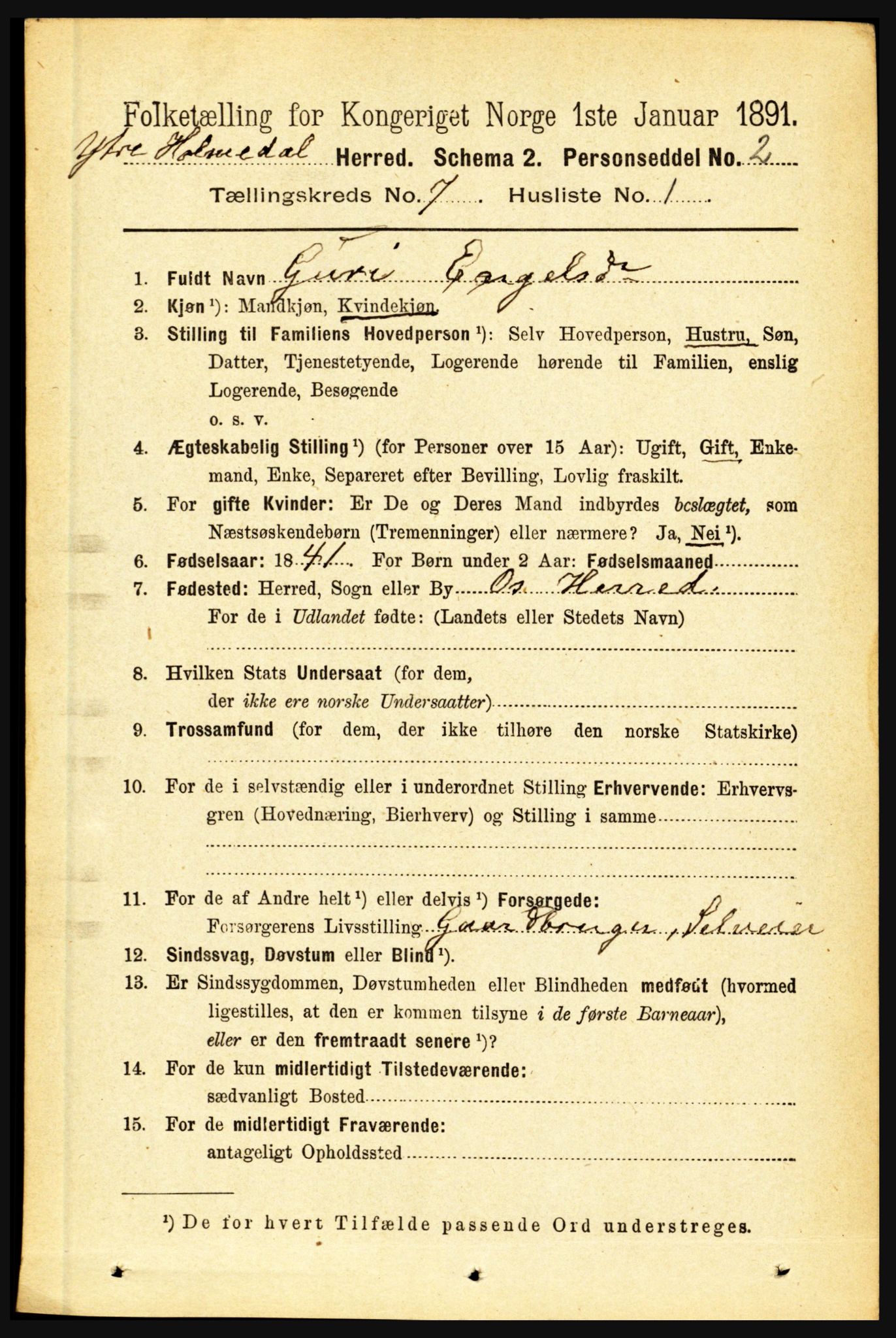 RA, 1891 census for 1429 Ytre Holmedal, 1891, p. 1592