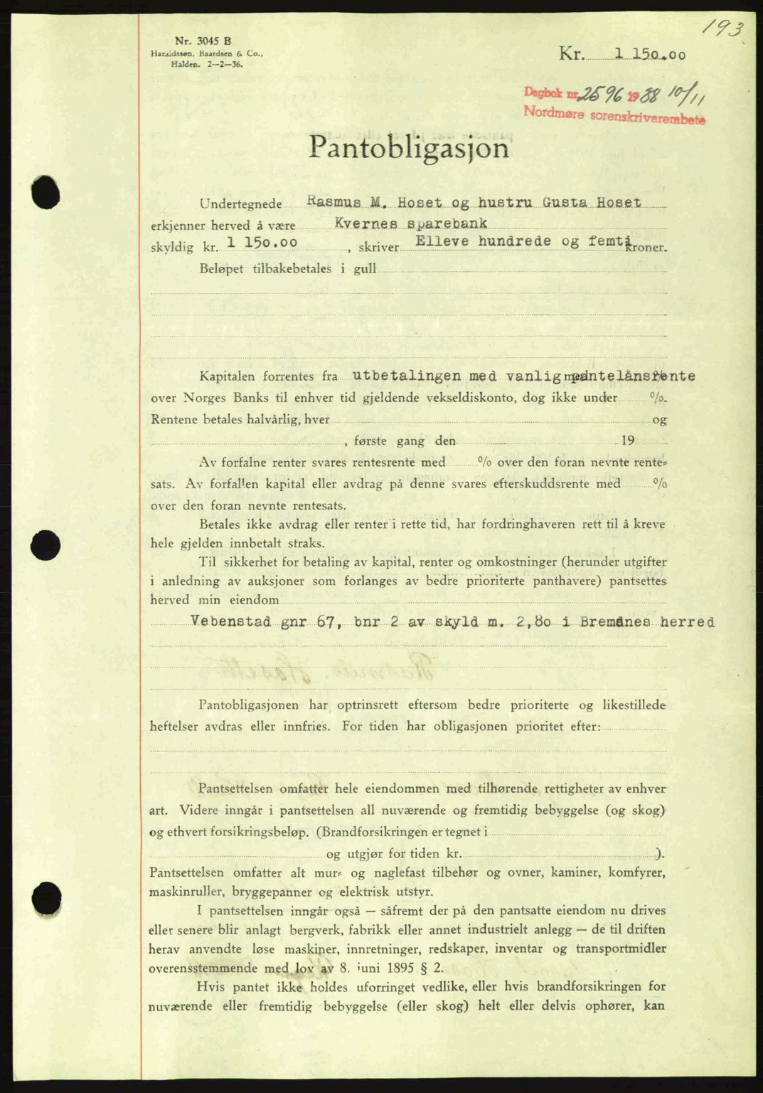 Nordmøre sorenskriveri, SAT/A-4132/1/2/2Ca: Mortgage book no. B84, 1938-1939, Diary no: : 2596/1938