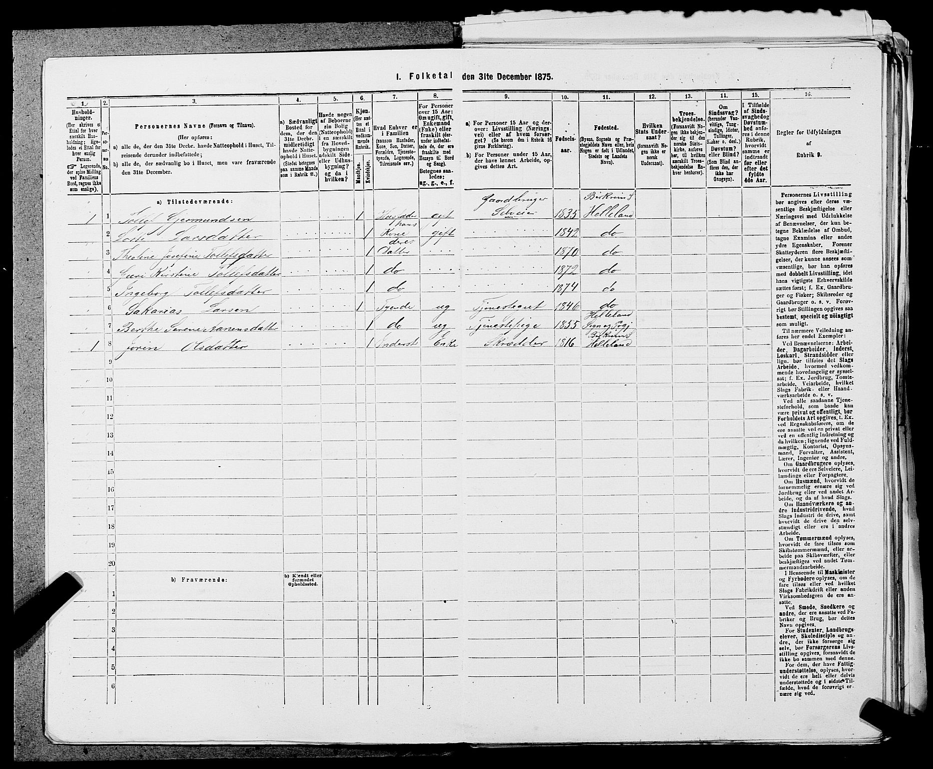 SAST, 1875 census for 1115P Helleland, 1875, p. 677