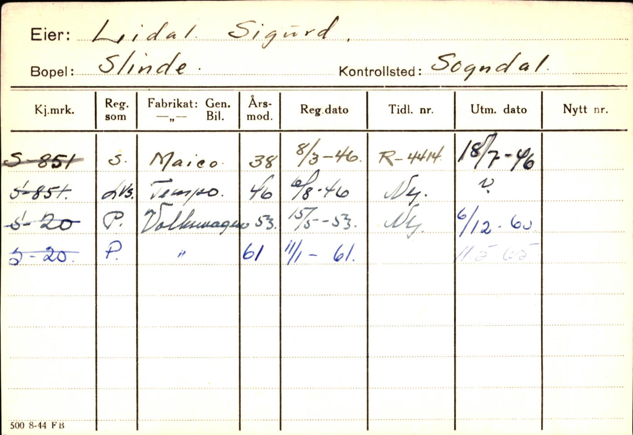 Statens vegvesen, Sogn og Fjordane vegkontor, AV/SAB-A-5301/4/F/L0124: Eigarregister Sogndal A-U, 1945-1975, p. 1537