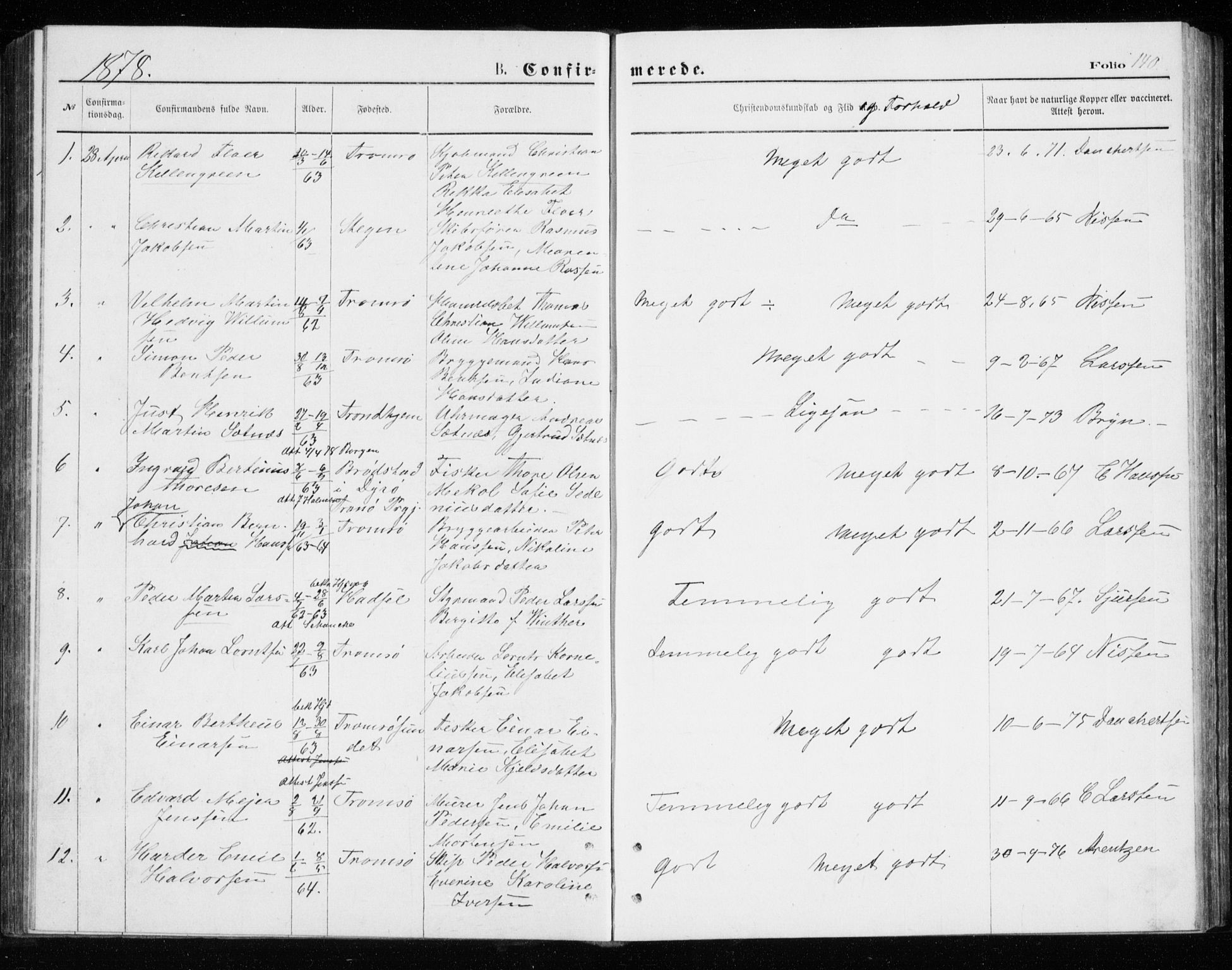 Tromsø sokneprestkontor/stiftsprosti/domprosti, SATØ/S-1343/G/Gb/L0008klokker: Parish register (copy) no. 8, 1875-1879, p. 140