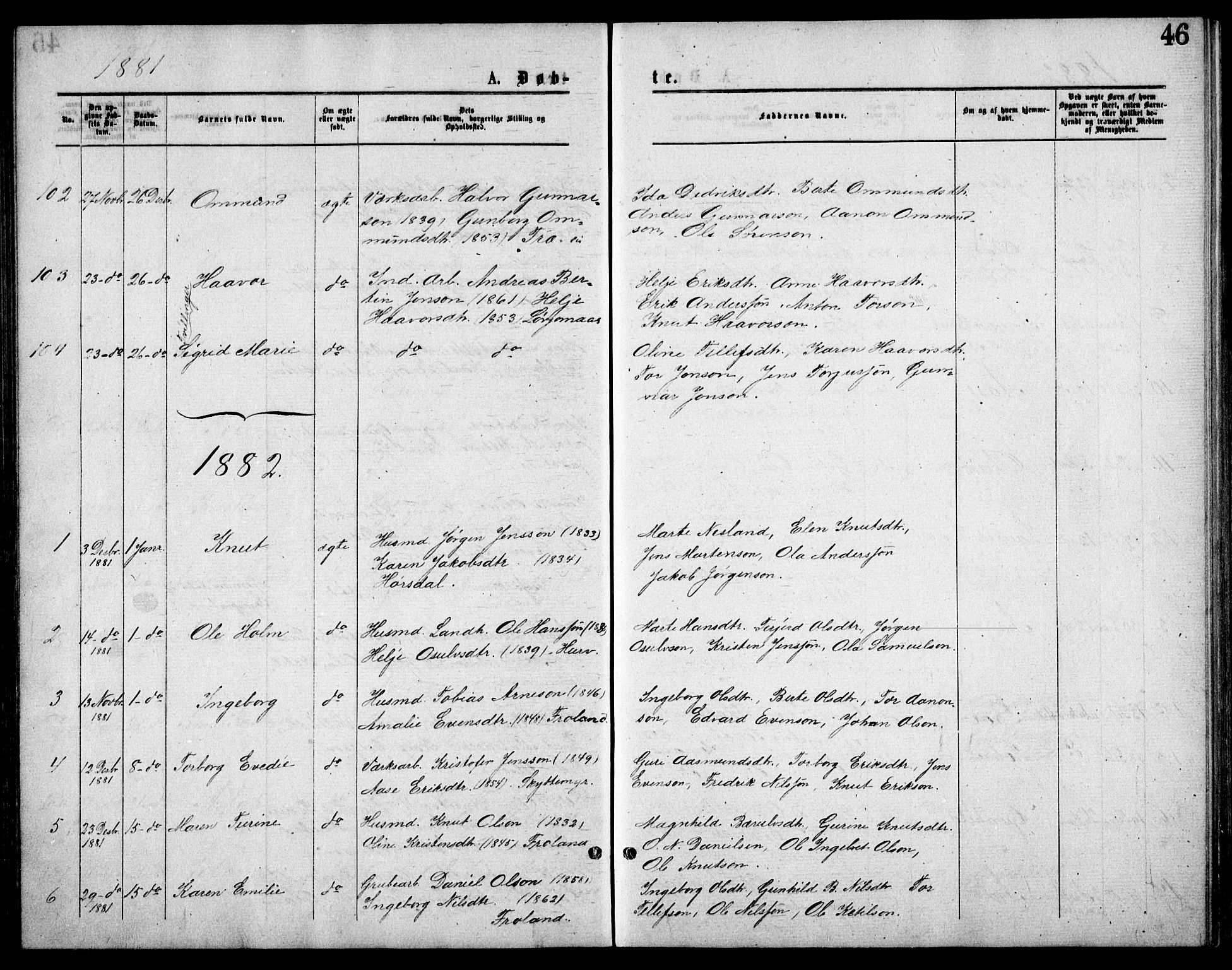 Froland sokneprestkontor, AV/SAK-1111-0013/F/Fb/L0009: Parish register (copy) no. B 9, 1875-1893, p. 46