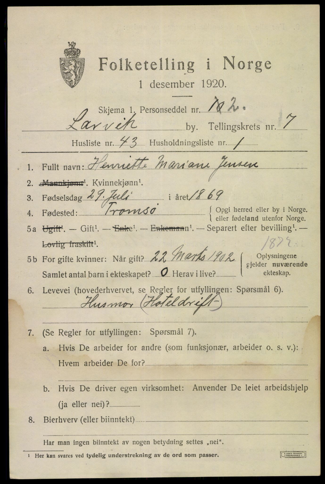 SAKO, 1920 census for Larvik, 1920, p. 21180