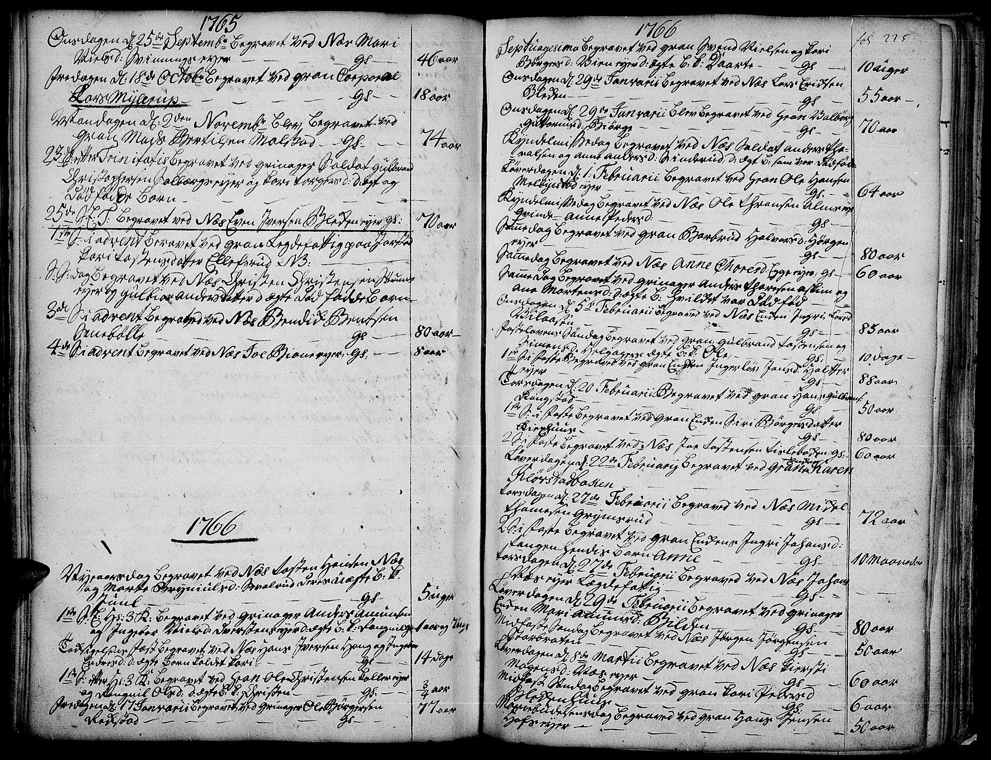 Gran prestekontor, SAH/PREST-112/H/Ha/Haa/L0004: Parish register (official) no. 4, 1759-1775, p. 225