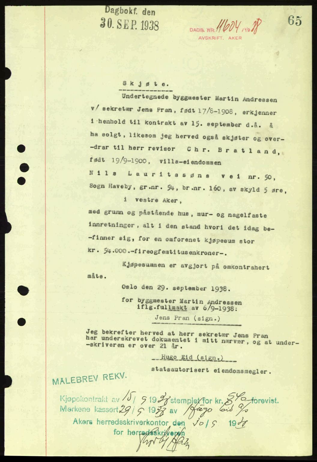 Aker herredsskriveri, SAO/A-10896/G/Gb/Gba/Gbab/L0025: Mortgage book no. A154-155, 1938-1938, Diary no: : 11604/1938