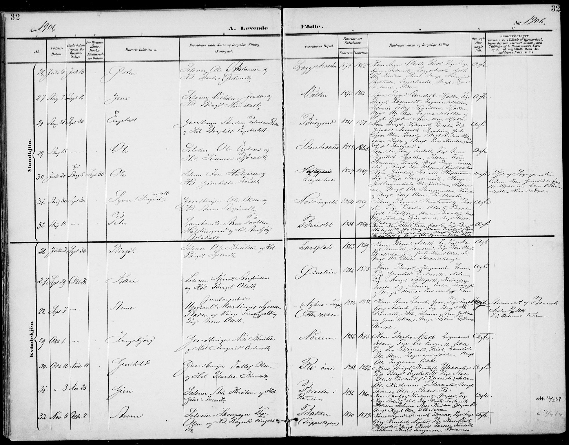 Gol kirkebøker, SAKO/A-226/F/Fa/L0006: Parish register (official) no. I 6, 1901-1918, p. 32
