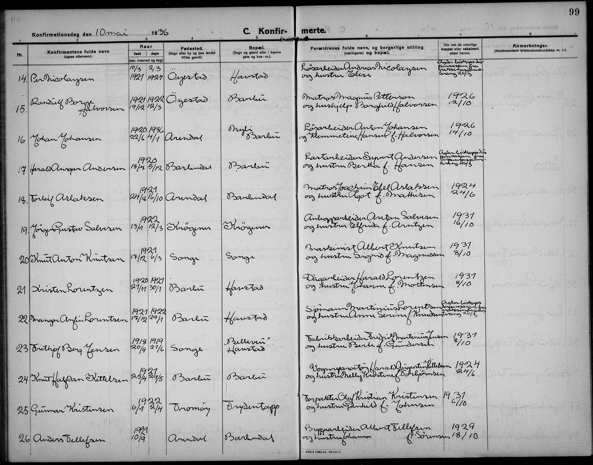 Barbu sokneprestkontor, AV/SAK-1111-0003/F/Fb/L0004: Parish register (copy) no. B 4, 1911-1936, p. 99