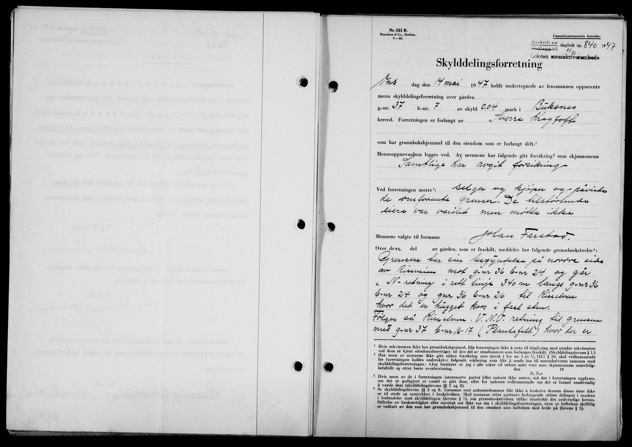 Lofoten sorenskriveri, SAT/A-0017/1/2/2C/L0016a: Mortgage book no. 16a, 1947-1947, Diary no: : 840/1947