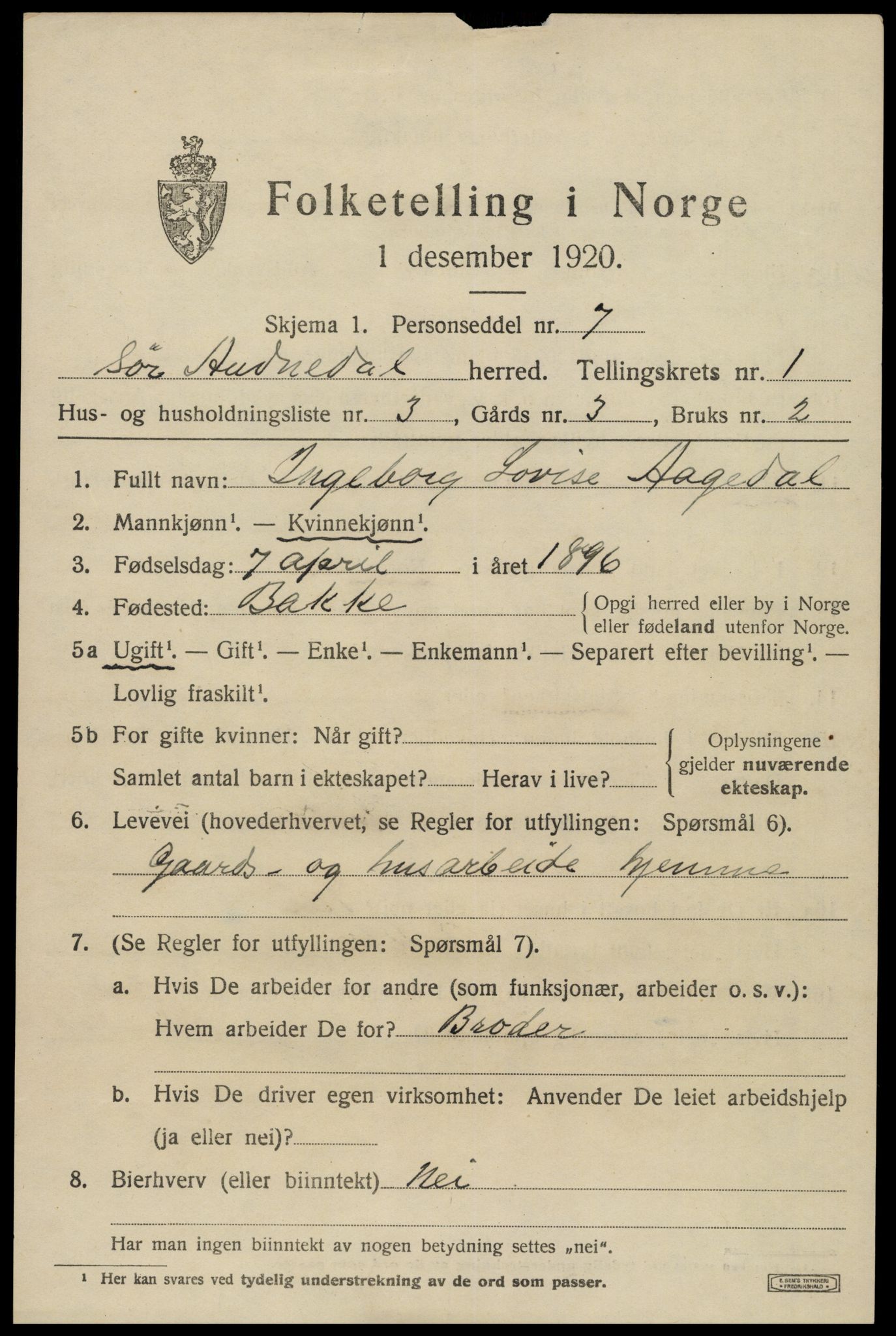 SAK, 1920 census for Sør-Audnedal, 1920, p. 1489