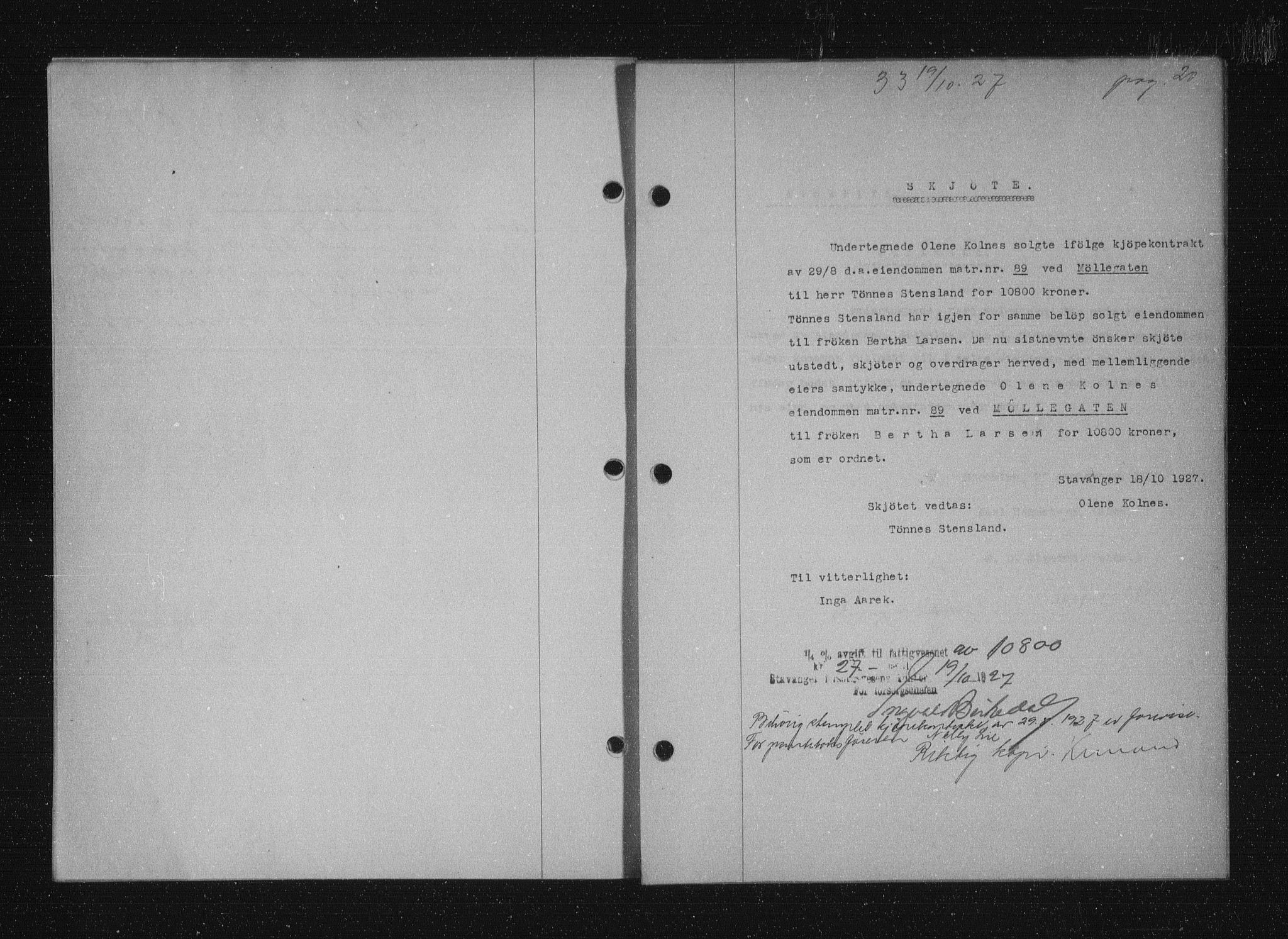 Stavanger byfogd, AV/SAST-A-101408/001/4/41/410/410BB/L0053: Mortgage book no. 41, 1927-1928, Deed date: 19.10.1927